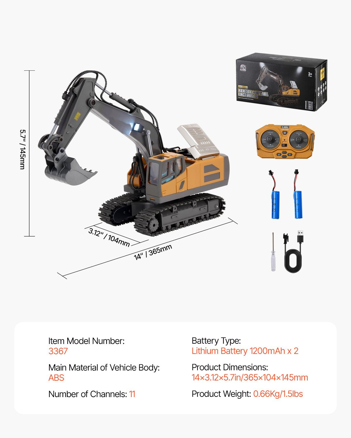 11 Channel Remote Control Excavator Toy, 1:20 Scale RC Digger with Lights & Sounds, Full Functional Construction Vehicle for Kids, Durable ABS, Long Battery Life, Perfect Birthday Gift with Wear-Resistant Tracks, 2 Lithium Batteries Included