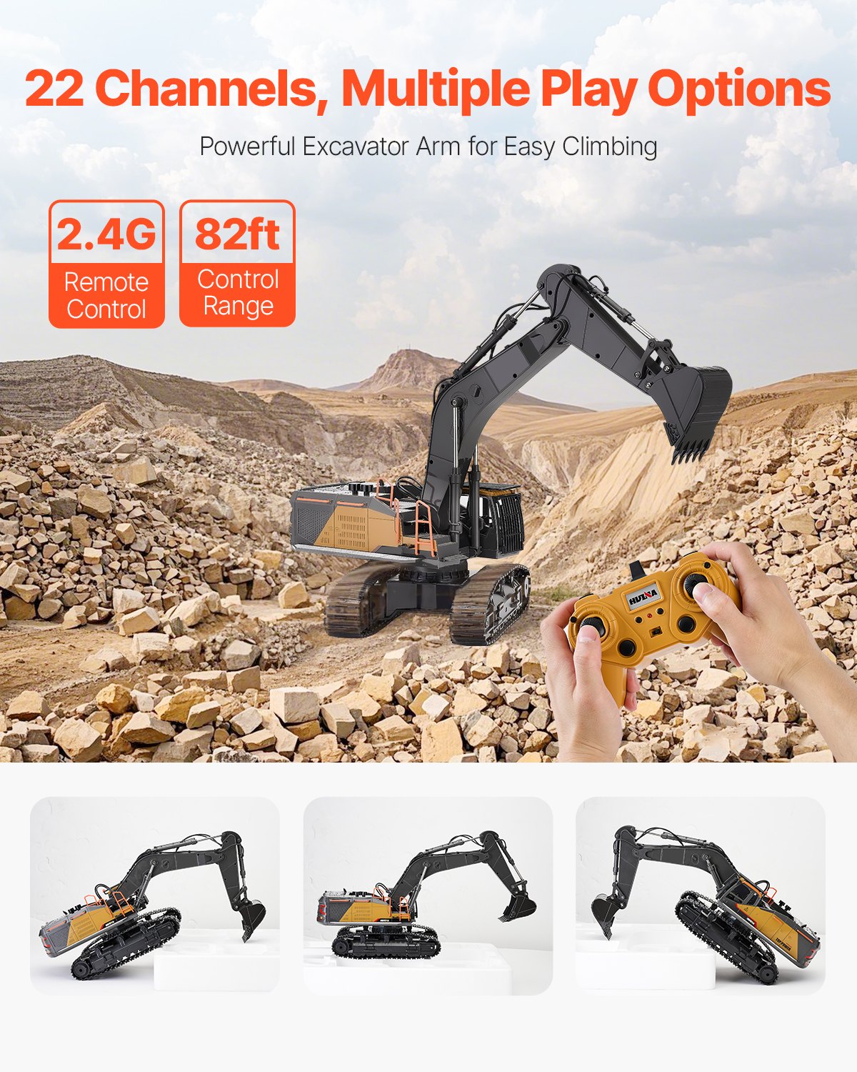 Remote Control Excavator Toy for Kids, 22-Channel 1:14 Scale Digger with Metal Shovel, Lights, Sounds, and Durable Tracks – Perfect Construction Vehicle Gift