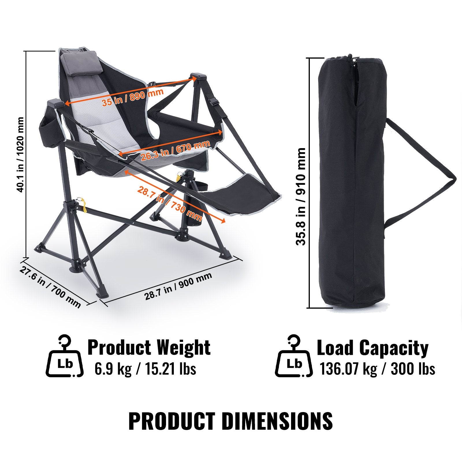 Luxurious Reclining Camping Chair with Footrest, Headrest & Storage Bag - 300 lbs Capacity, Portable Rocking Lounge for Outdoor Adventures