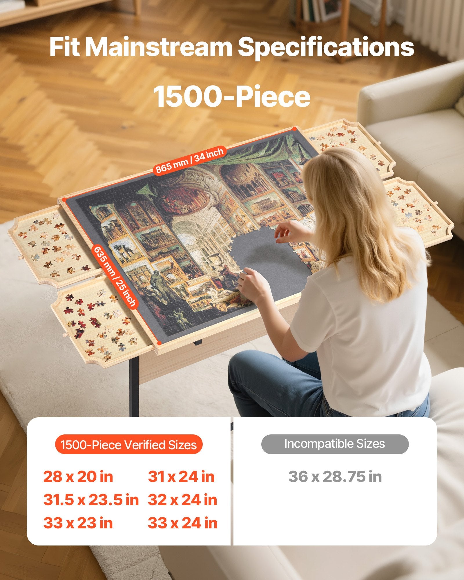 Adjustable 1500 Piece Jigsaw Puzzle Table with Wheels, 4 Drawers, Foldable Legs, 5-Tilt Angles, Portable 34x25 in Wooden Board, Perfect Gift for Puzzle Enthusiasts, Ideal for Adults, Moms, and Families