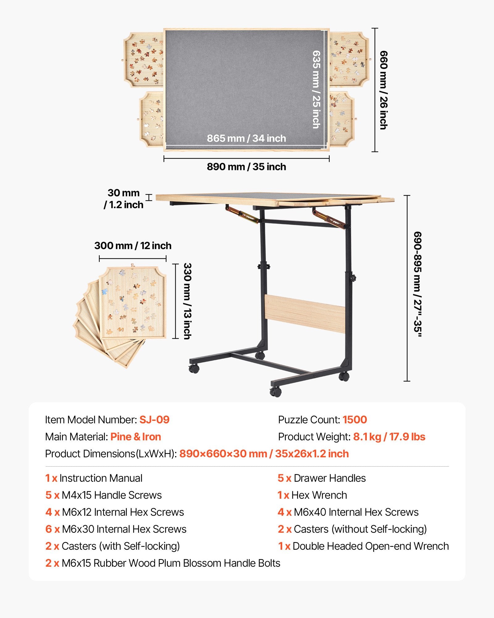 Adjustable 1500 Piece Jigsaw Puzzle Table with Wheels, 4 Drawers, Foldable Legs, 5-Tilt Angles, Portable 34x25 in Wooden Board, Perfect Gift for Puzzle Enthusiasts, Ideal for Adults, Moms, and Families