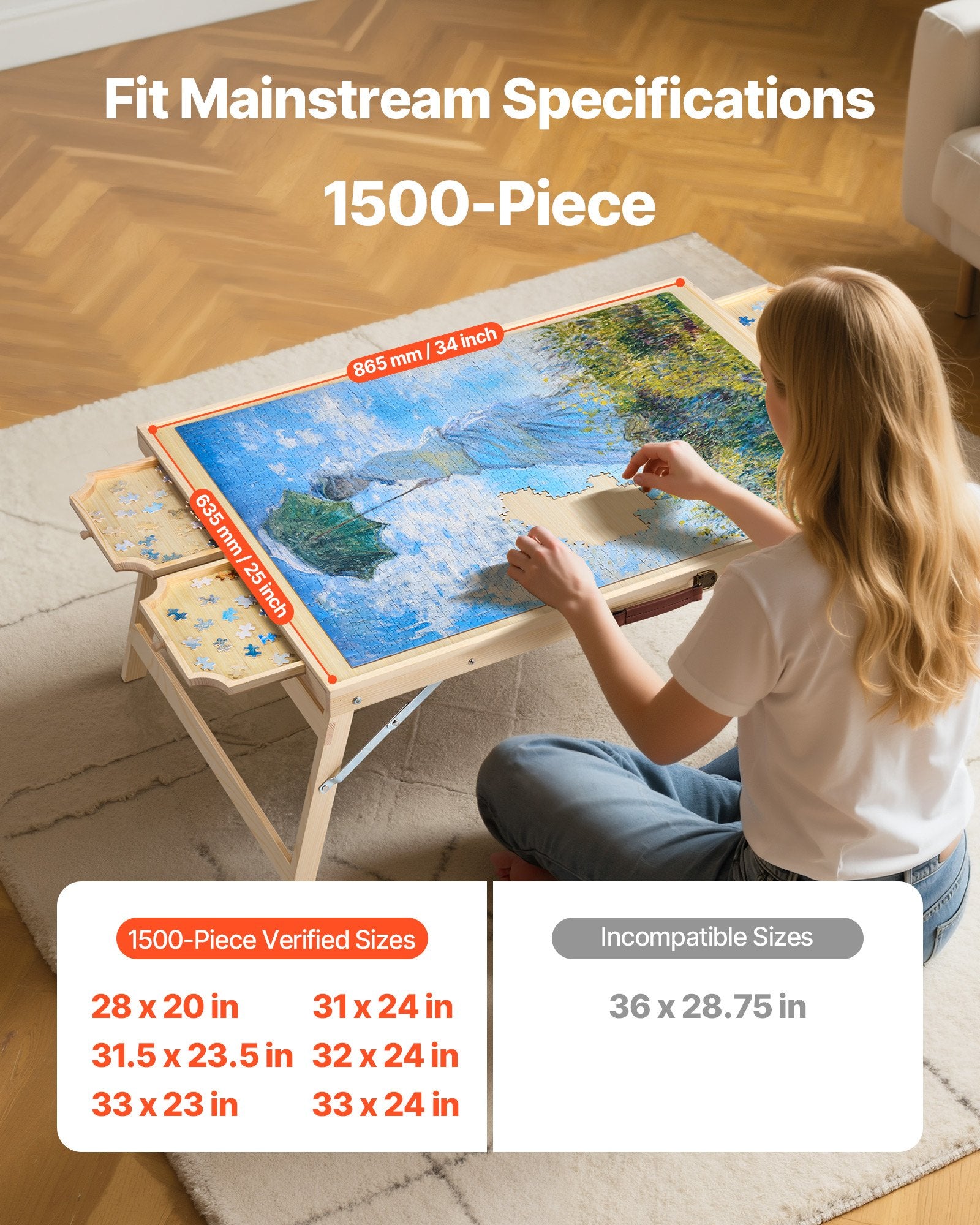 Folding Puzzle Table for Adults with 4 Storage Drawers, 1500-Piece Capacity, Portable Wooden Board & Organizer, Ideal Gift for Puzzle Enthusiasts