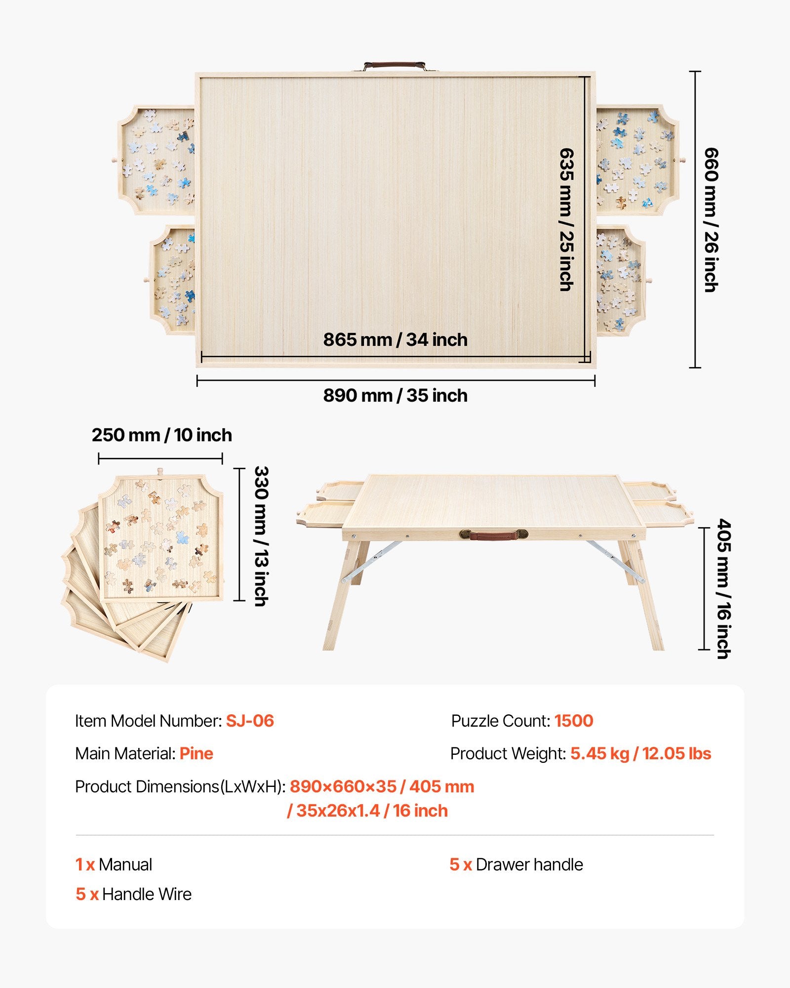 Folding Puzzle Table for Adults with 4 Storage Drawers, 1500-Piece Capacity, Portable Wooden Board & Organizer, Ideal Gift for Puzzle Enthusiasts