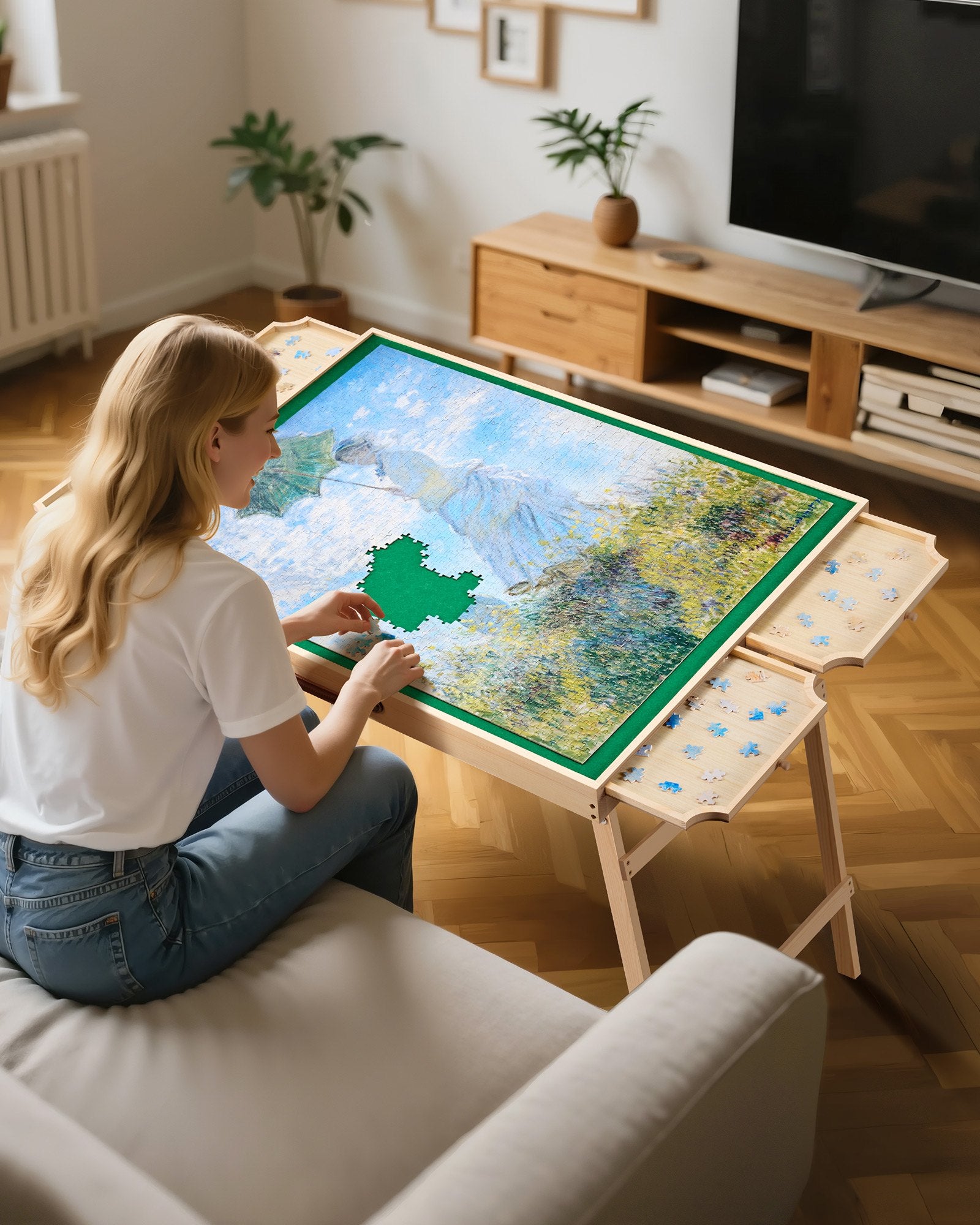 Portable 1500-Piece Puzzle Table with Folding Legs, 4 Drawers, Cover, Felt Surface, 6 Angle Tilt, Ideal Gift for Puzzle Enthusiasts