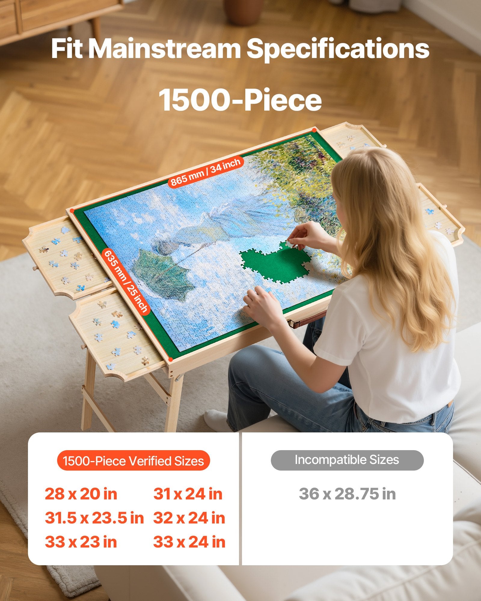 Portable 1500-Piece Puzzle Table with Folding Legs, 4 Drawers, Cover, Felt Surface, 6 Angle Tilt, Ideal Gift for Puzzle Enthusiasts