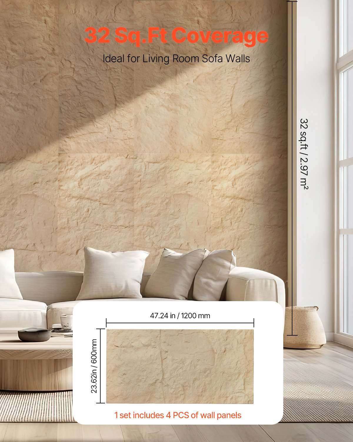 Natural Stone Imitation 3D Wall Panels, 4 Pack - 32 Sq.Ft Coverage for Interior Decor, Bedroom, Living & Gaming Room, Stone Yellow Accent Tiles