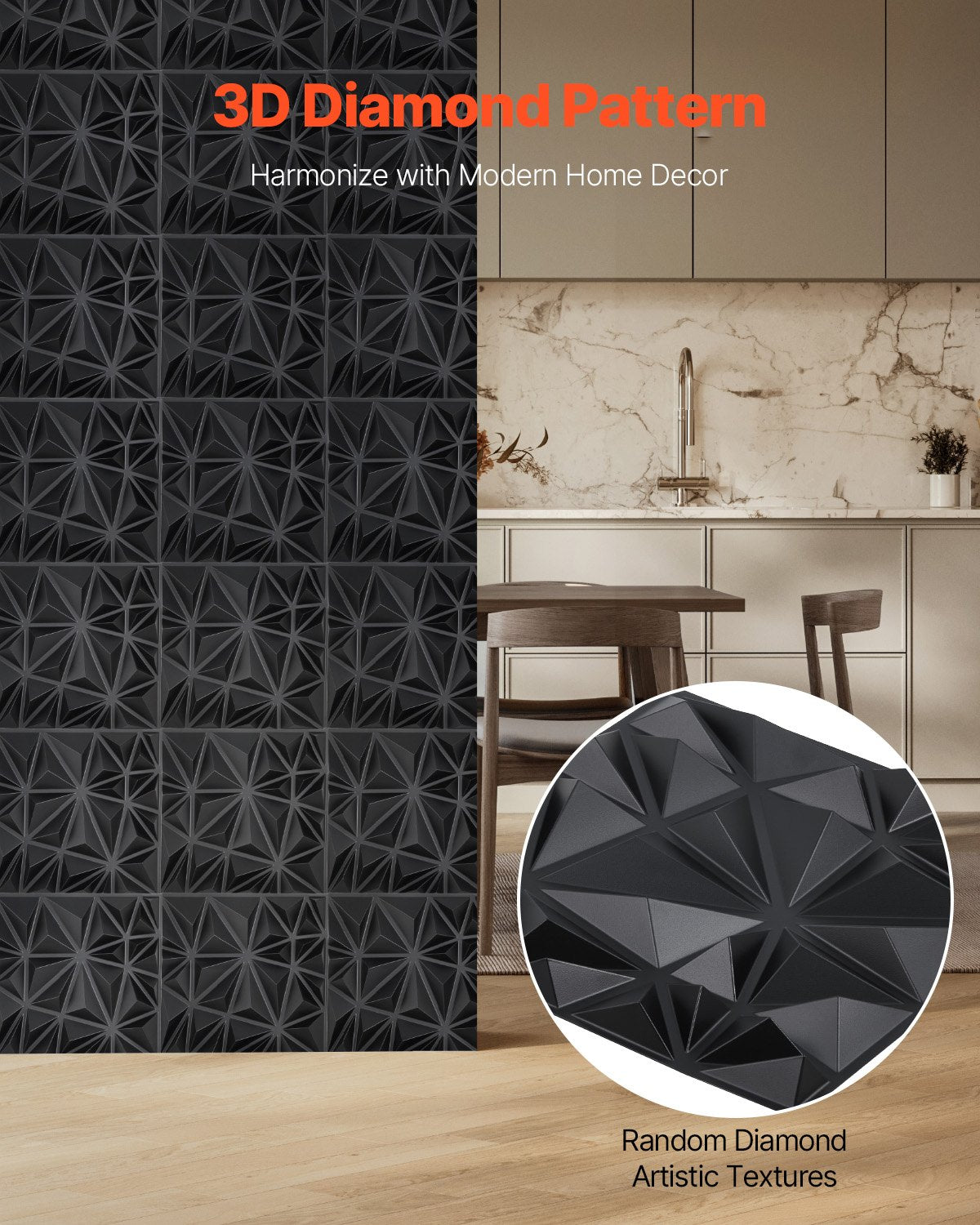 Modern Art Matte Black 3D Wall Panels, 33-Pack - 32 Sq.Ft Diamond Tiles for Interior Decor, Bedroom, Living & Gaming Room Ceiling Design