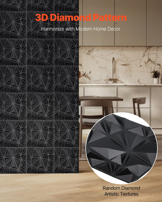 Modern Art Matte Black 3D Wall Panels, 33-Pack - 32 Sq.Ft Diamond Tiles for Interior Decor, Bedroom, Living & Gaming Room Ceiling Design