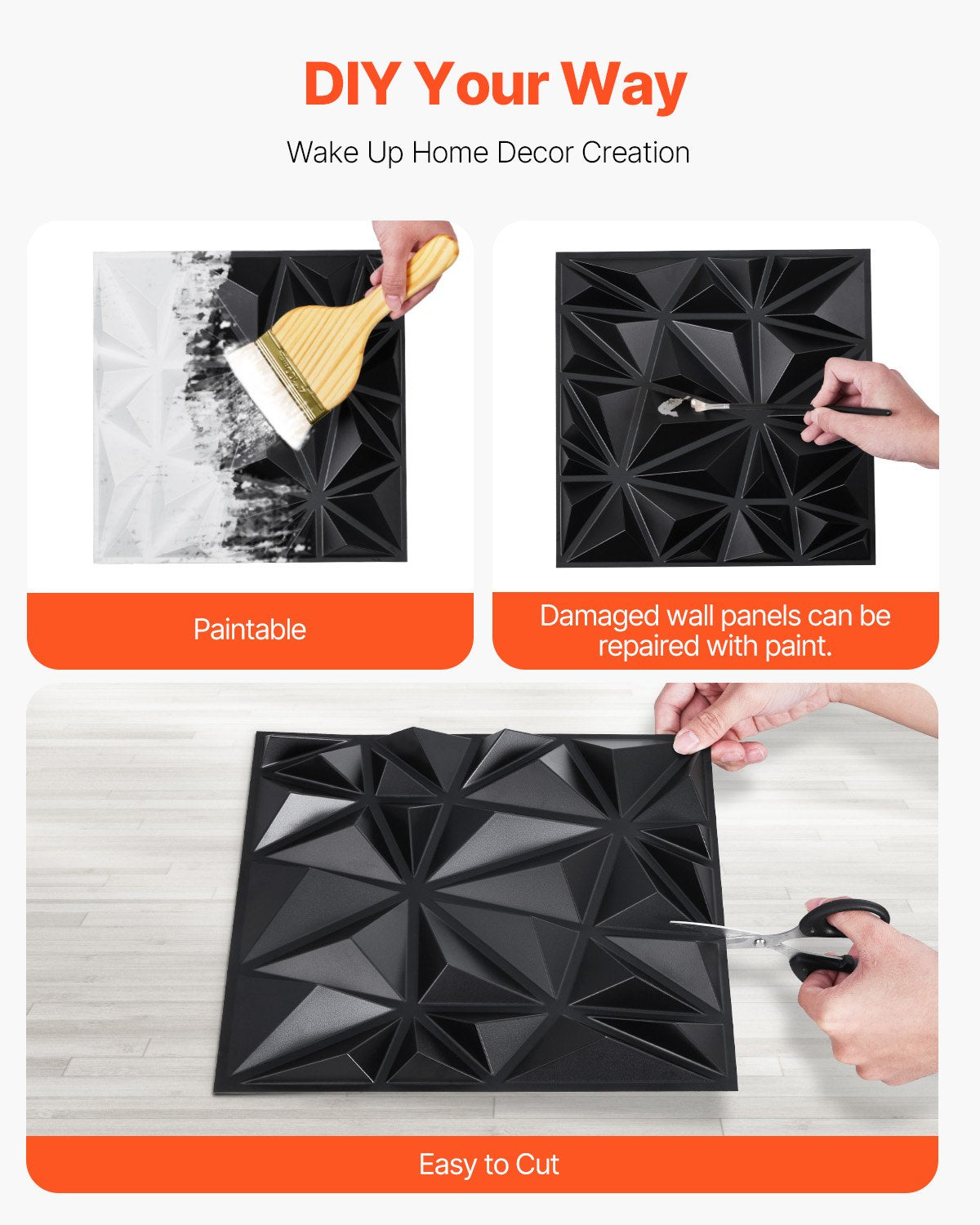 Modern Art Matte Black 3D Wall Panels, 33-Pack - 32 Sq.Ft Diamond Tiles for Interior Decor, Bedroom, Living & Gaming Room Ceiling Design