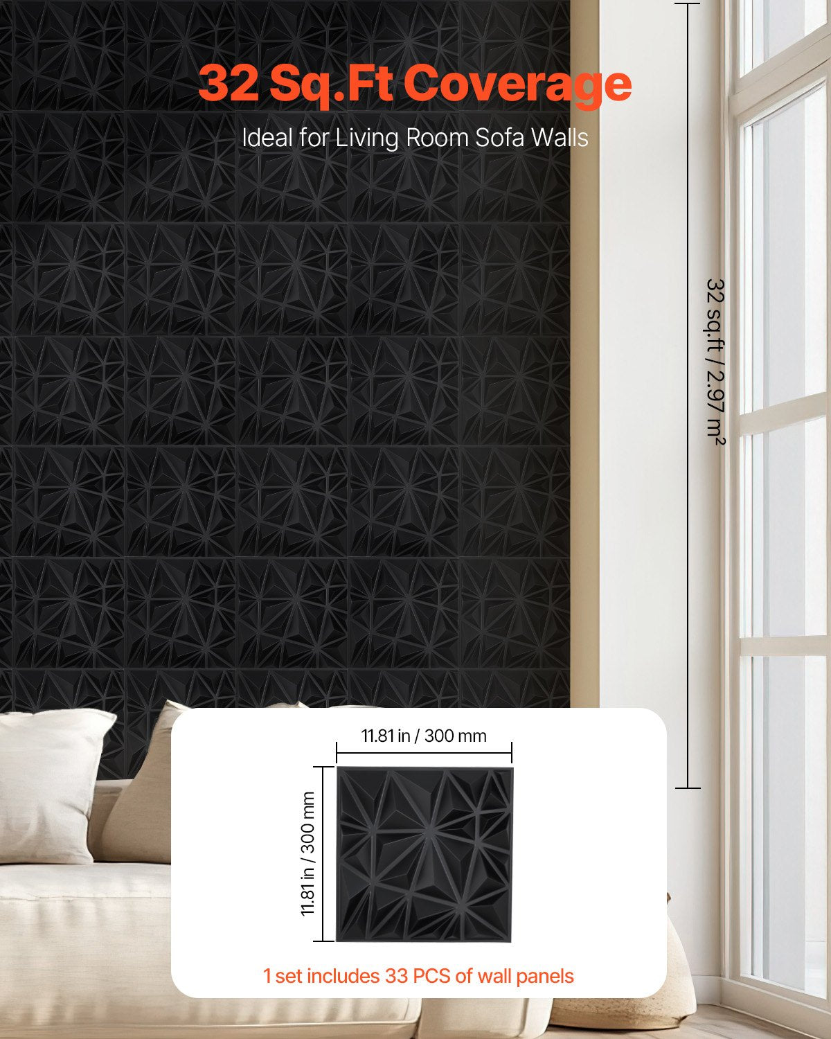 Modern Art Matte Black 3D Wall Panels, 33-Pack - 32 Sq.Ft Diamond Tiles for Interior Decor, Bedroom, Living & Gaming Room Ceiling Design