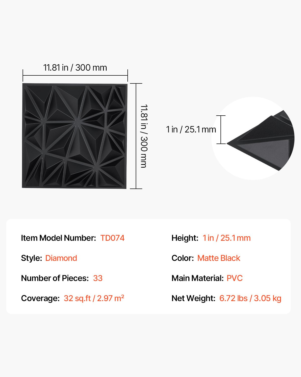 Modern Art Matte Black 3D Wall Panels, 33-Pack - 32 Sq.Ft Diamond Tiles for Interior Decor, Bedroom, Living & Gaming Room Ceiling Design