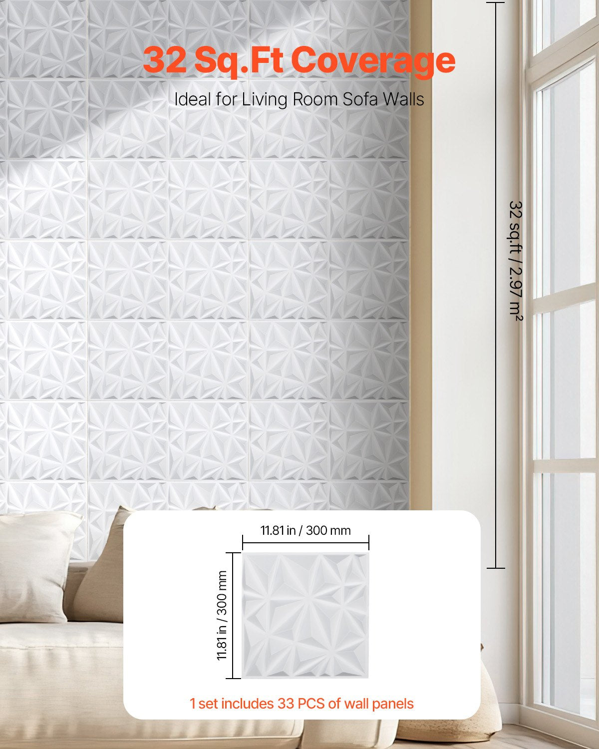 3D Wall Panels, 33-Pack Modern Minimalist Diamond Tiles, PVC Matte White, 32 Sq.Ft Coverage for Home Decor, Bedroom, Living Room, Ceiling, Gaming Room, Easy Install, Stylish Accent, Interior Design