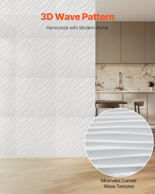 Modern 3D Wall Panels, 12-Pack PVC Wave Tiles, 32 Sq. Ft. Coverage, Matte White Decor for Bedroom, Living & Gaming Room, Easy Install