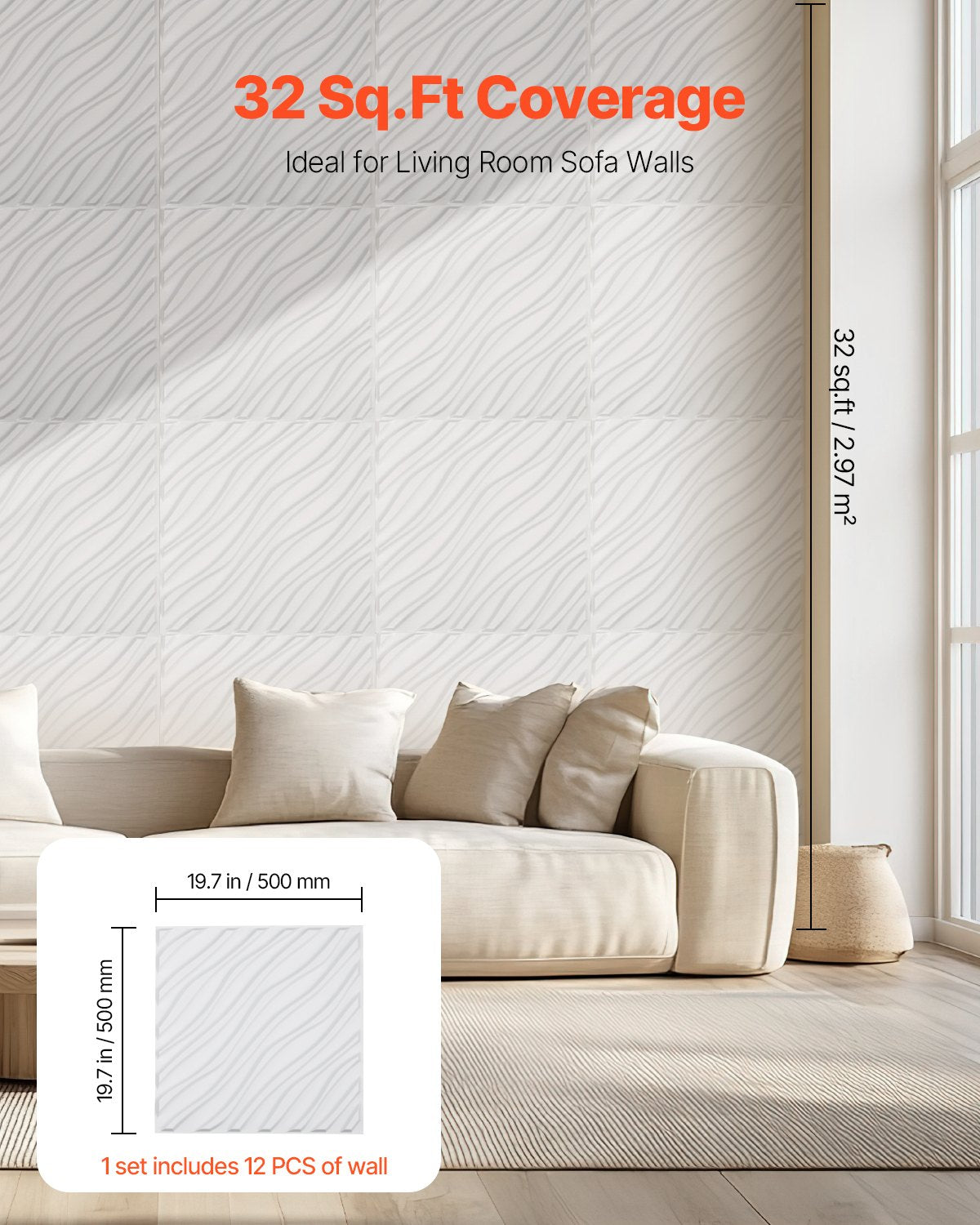Modern 3D Wall Panels, 12-Pack PVC Wave Tiles, 32 Sq. Ft. Coverage, Matte White Decor for Bedroom, Living & Gaming Room, Easy Install