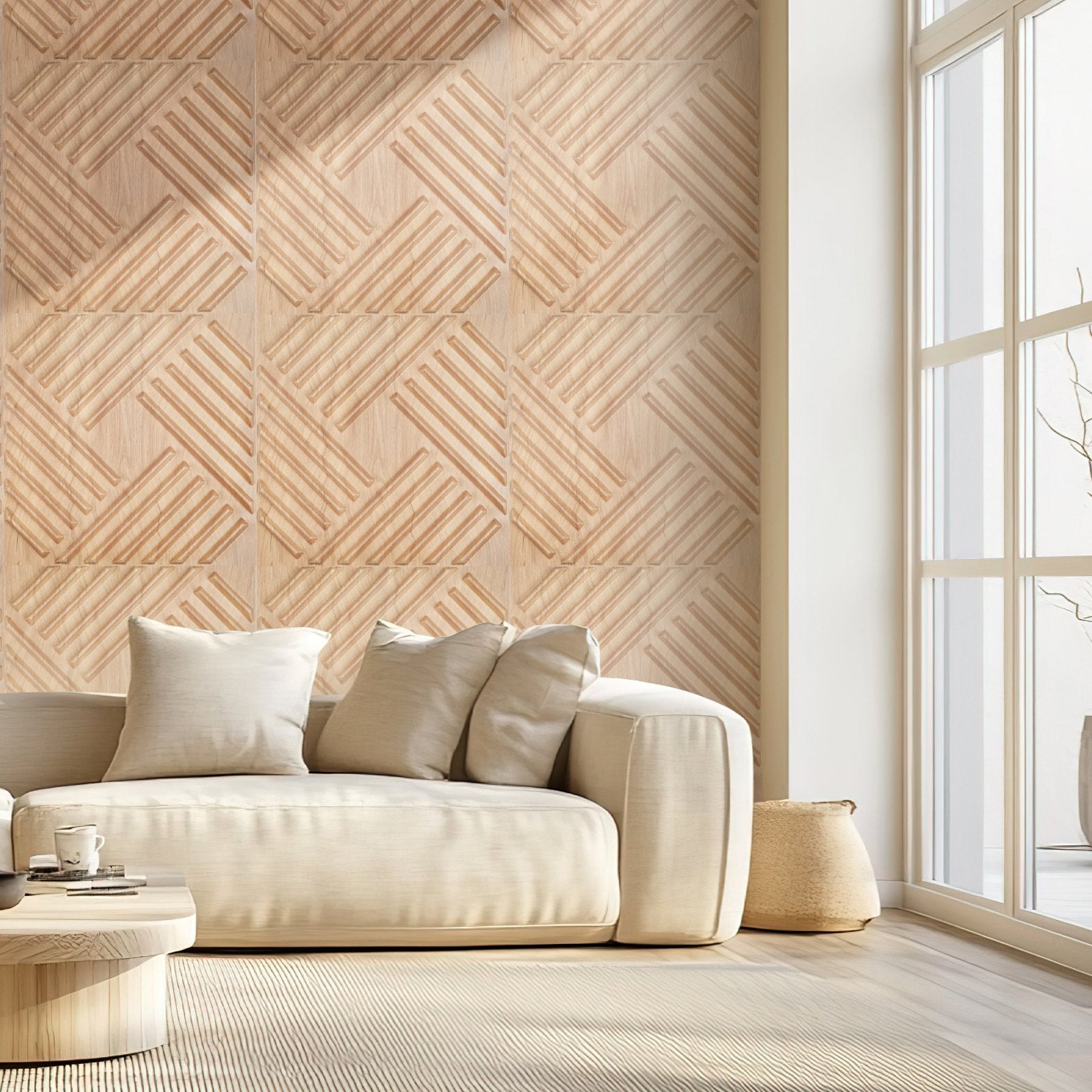 12-Pack Modern 3D PVC Wall Panels, Light Wood, 32 Sq.Ft Coverage - Minimalist Accent for Bedroom, Living Room, Ceiling, Gaming Space Decor