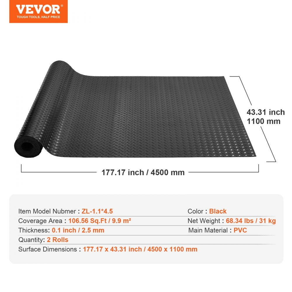 VEVOR Garage Floor Mats 2 Rolls 14.7 x 3.6 Ft Garage Mat 2.5mm Thickness Black Garage Flooring PVC Garage Mats for Under Car