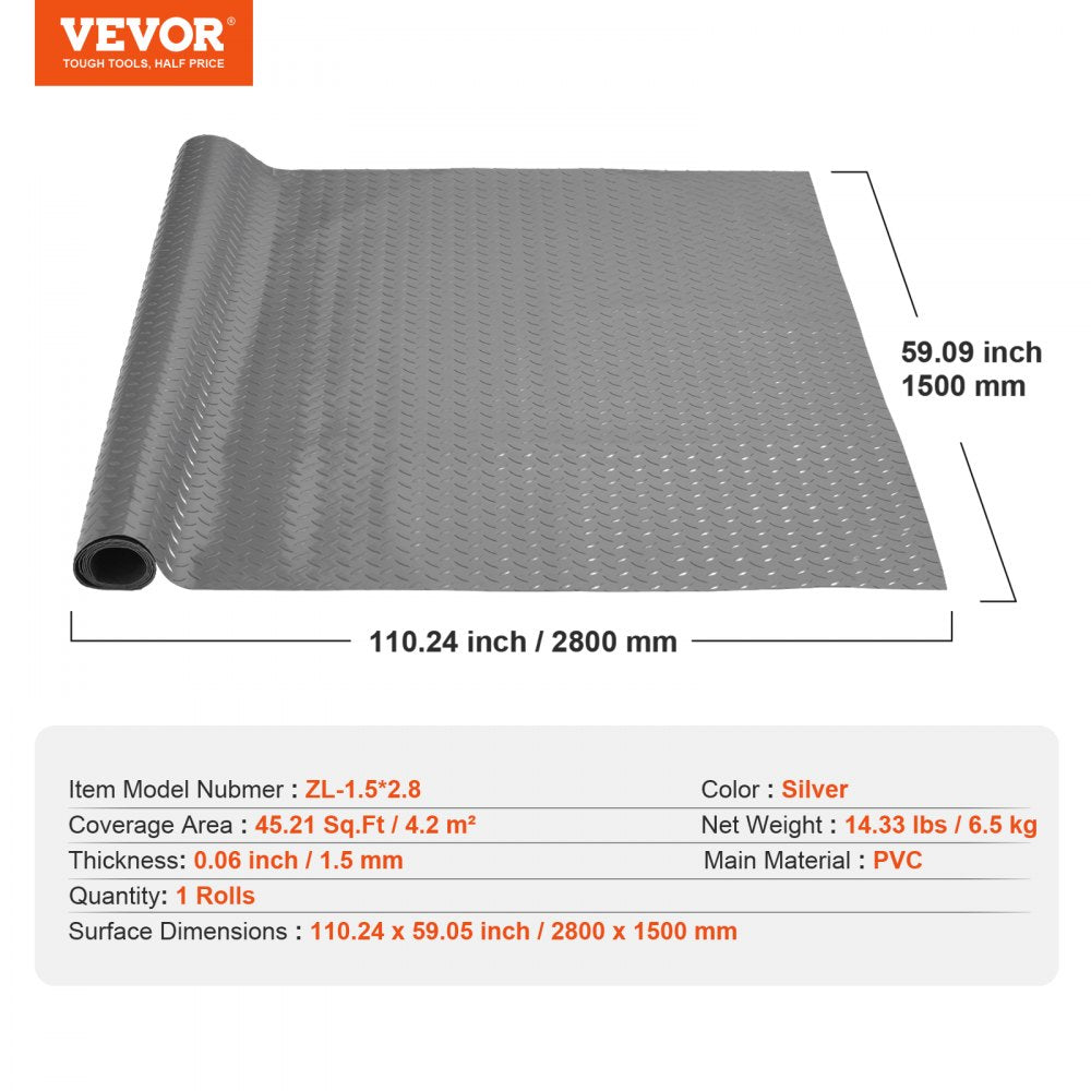 Durable Silver PVC Vinyl Garage Floor Mat with Anti-Slip Surface, 4.9x9.2ft