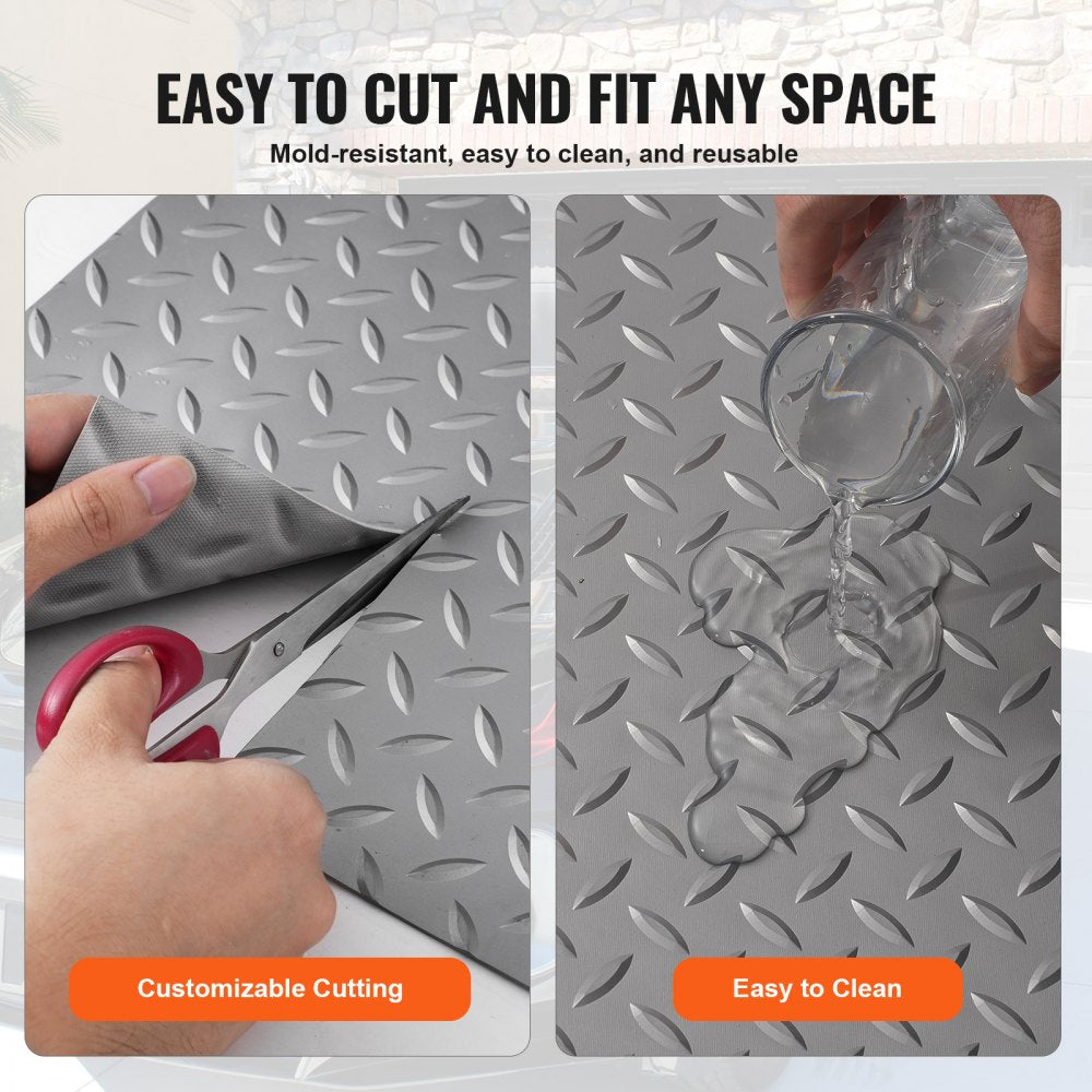 Durable Silver Vinyl Garage Floor Mat 4.9x19ft with Anti-Slide Diamond Texture, Ideal for Cars, Gyms, Boats, and Trailers - 93 sqft Coverage