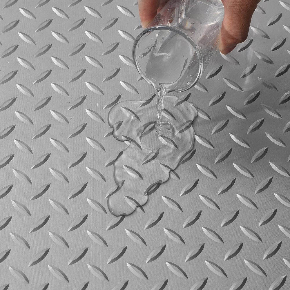 Durable Silver Vinyl Garage Floor Mat 4.9x19ft with Anti-Slide Diamond Texture, Ideal for Cars, Gyms, Boats, and Trailers - 93 sqft Coverage