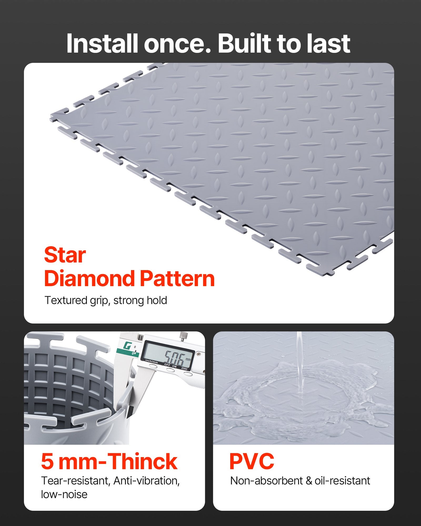 16 Pack Light Gray Garage Floor Tiles - Interlocking PVC Mats with Diamond Plate for Workshop, Warehouse, Tool Room Flooring