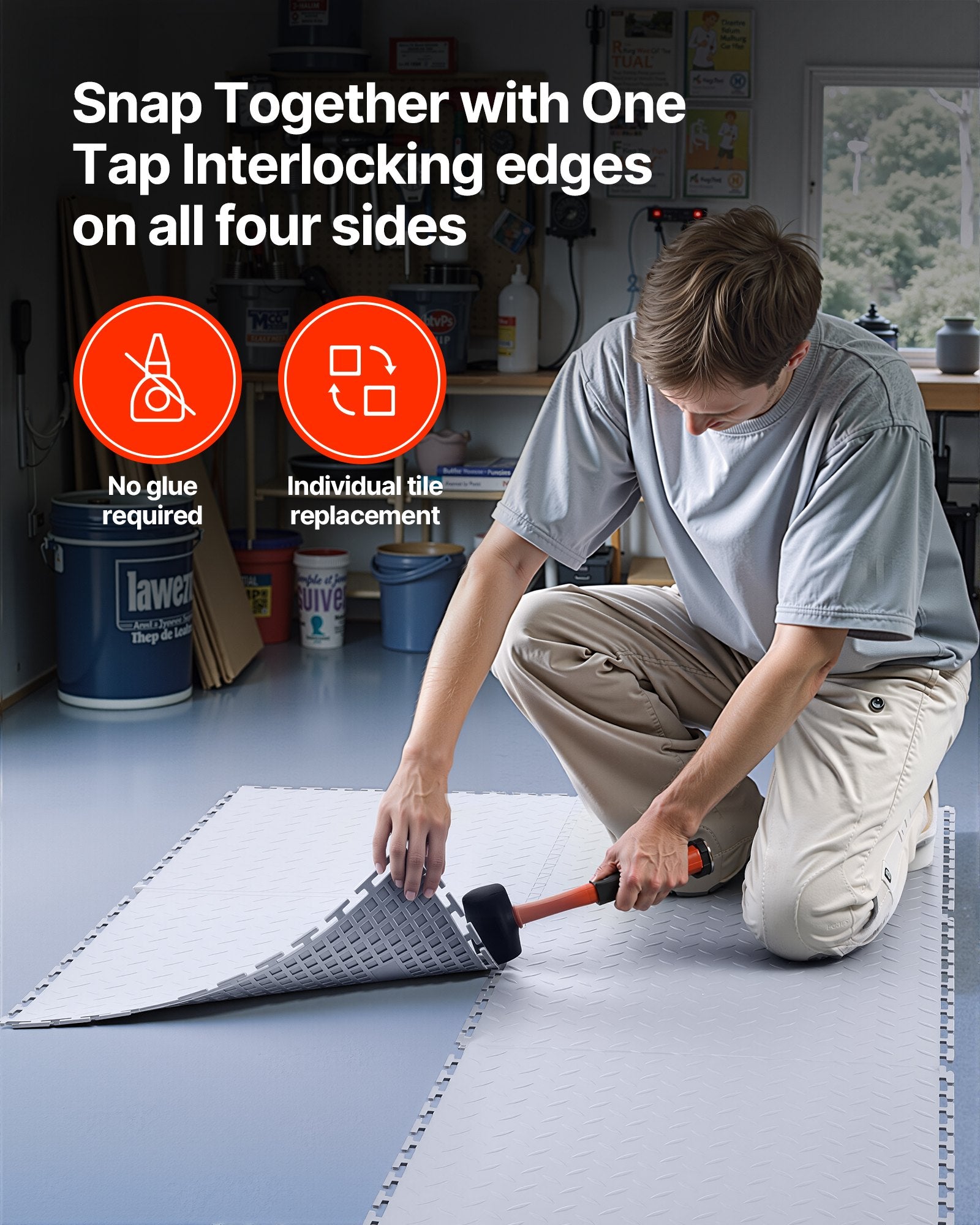 16 Pack Light Gray Garage Floor Tiles - Interlocking PVC Mats with Diamond Plate for Workshop, Warehouse, Tool Room Flooring