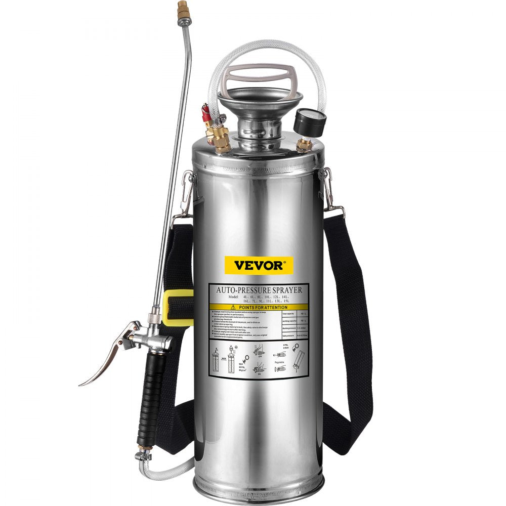 VEVOR 3Gal Stainless Steel Sprayer, Set with 20’’ Wand& Handle& 3FT Reinforced Hose, Hand Pump Sprayer with Pressure Gauge&Safety Valve, Adjustable Nozzle Suitable for Gardening and Sanitizing