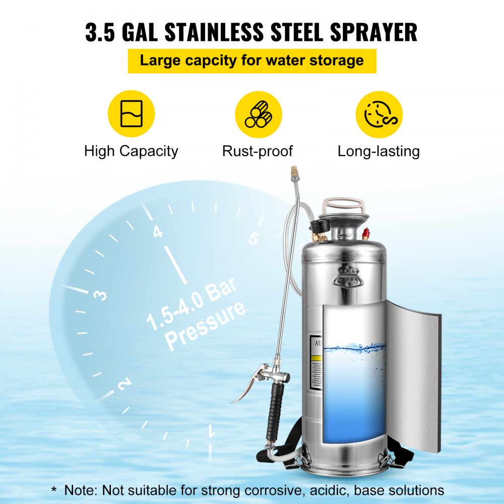 Stainless Steel Sprayer 3.5 Gallon Steel Hand-pump With 3.3-inch Reinforced Hose