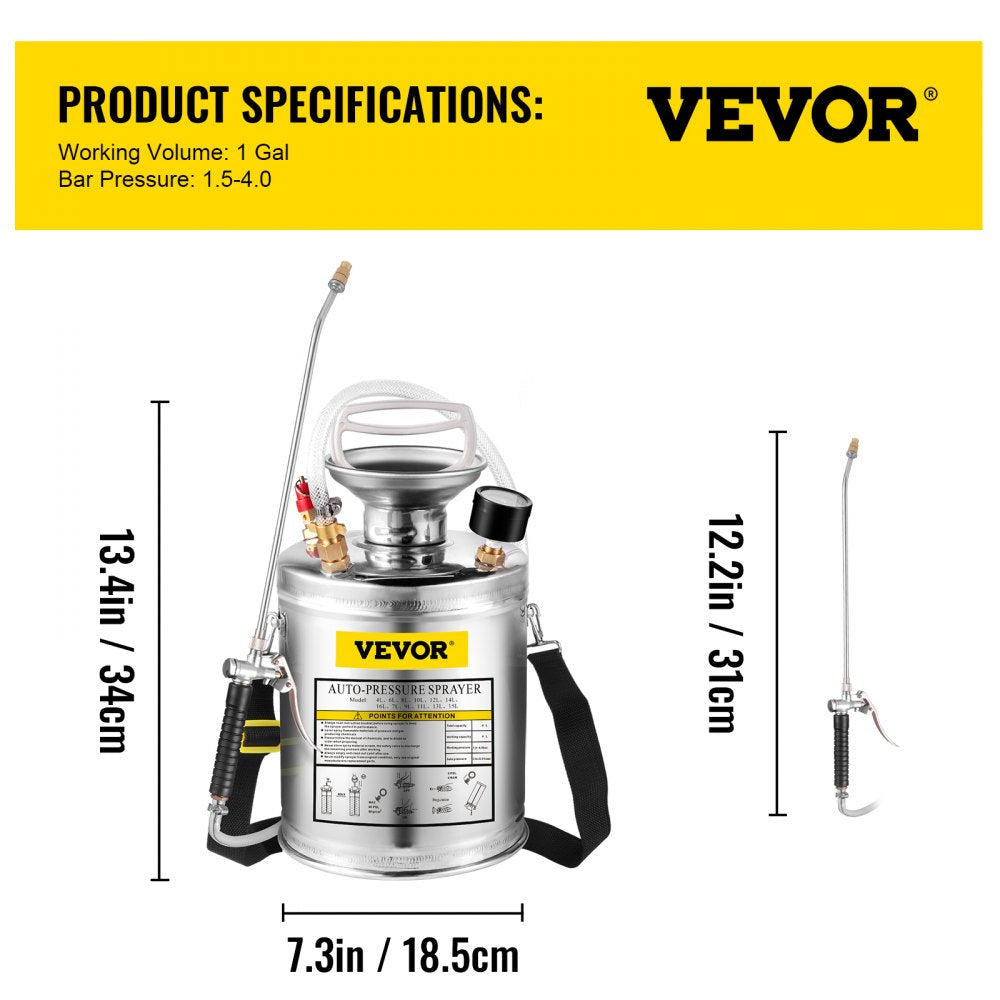 VEVOR Stainless Steel Sprayer 1GL , Set with 12” Wand& Handle& 3FT Reinforced Hose, Hand Pump Sprayer with Pressure Gauge&Safety Valve, Adjustable Nozzle Suitable for Gardening and Sanitizing, Silver