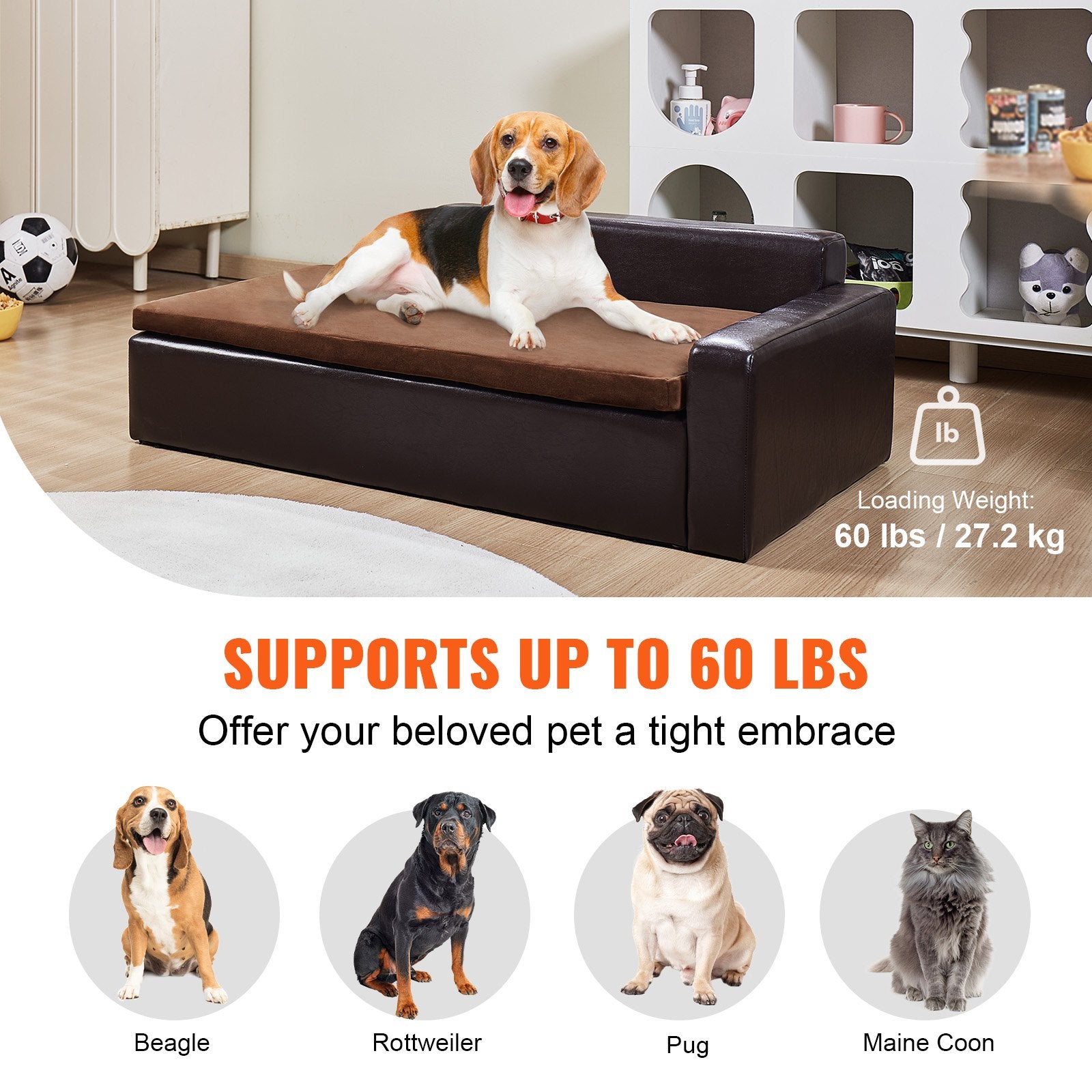 Luxurious Brown Leather Pet Sofa Bed for Large Dogs & Cats, 110 lbs Capacity - Stylish, Comfy Dog Couch, Easy Assembly, Durable Design