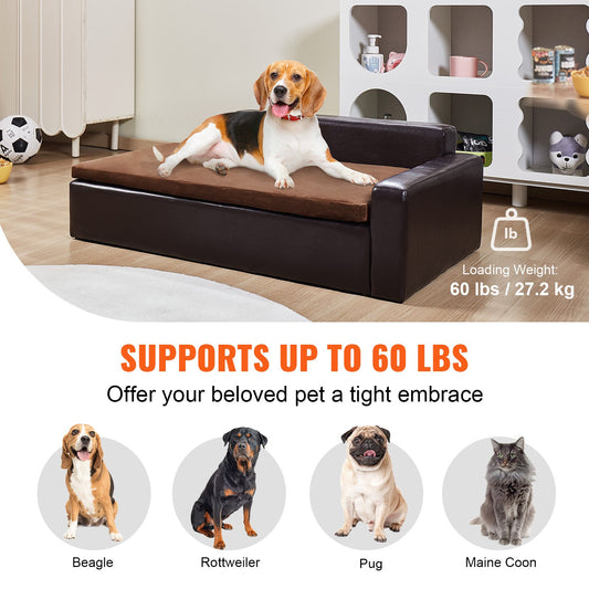 Luxurious Brown Leather Pet Sofa Bed for Large Dogs & Cats, 110 lbs Capacity - Stylish, Comfy Dog Couch, Easy Assembly, Durable Design
