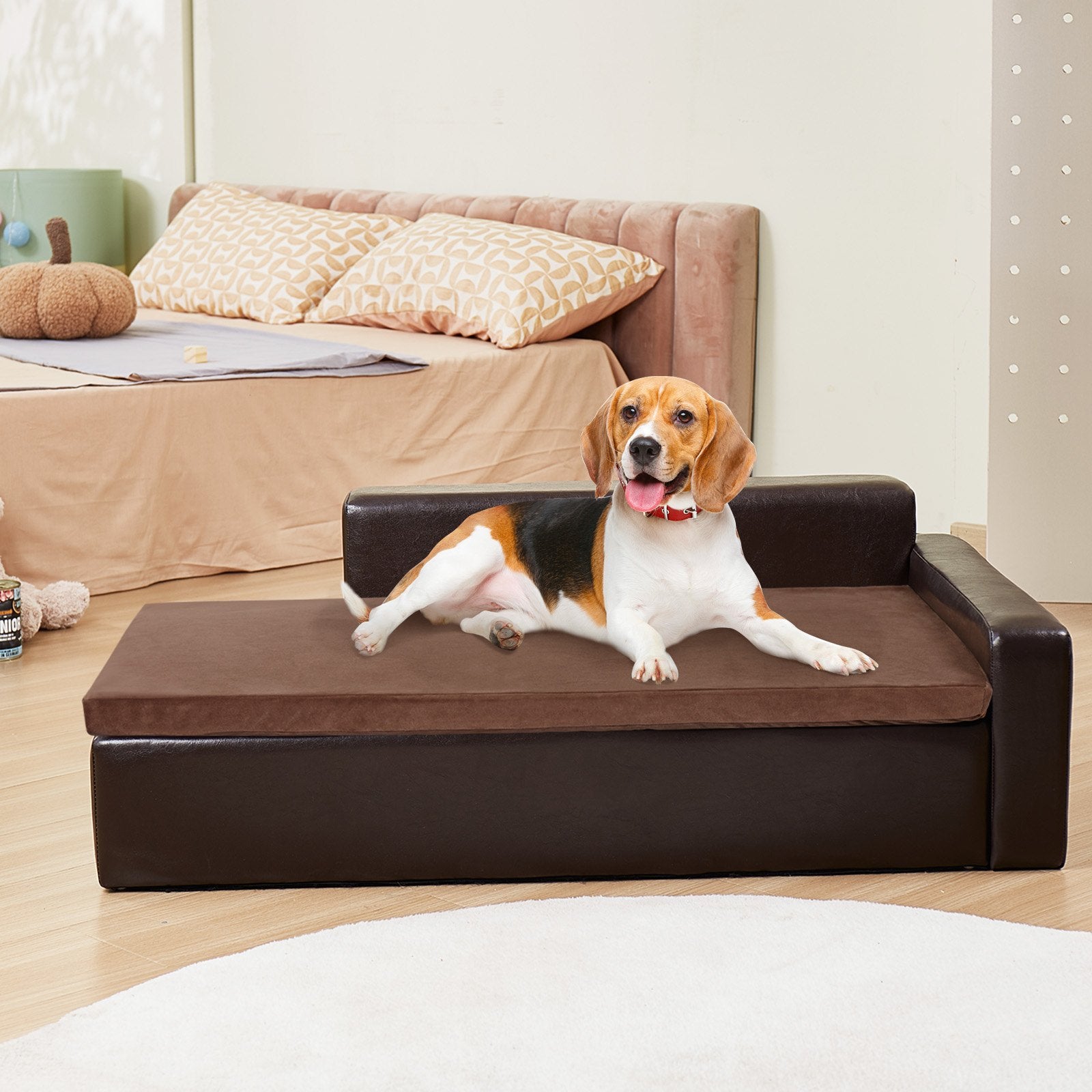 Luxurious Brown Leather Pet Sofa Bed for Large Dogs & Cats, 110 lbs Capacity - Stylish, Comfy Dog Couch, Easy Assembly, Durable Design