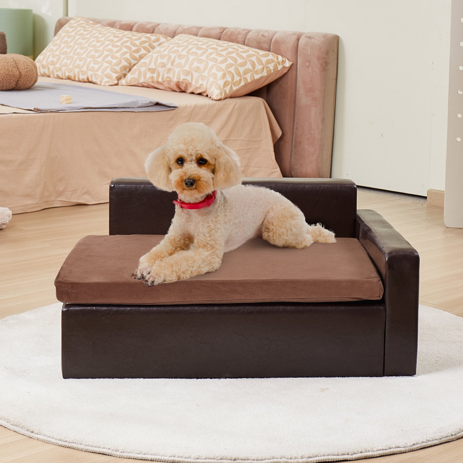 Luxurious Black Leather Pet Sofa Bed for Medium Dogs & Cats - Stylish, Soft, Durable Design with 110lb Capacity, Easy Assembly
