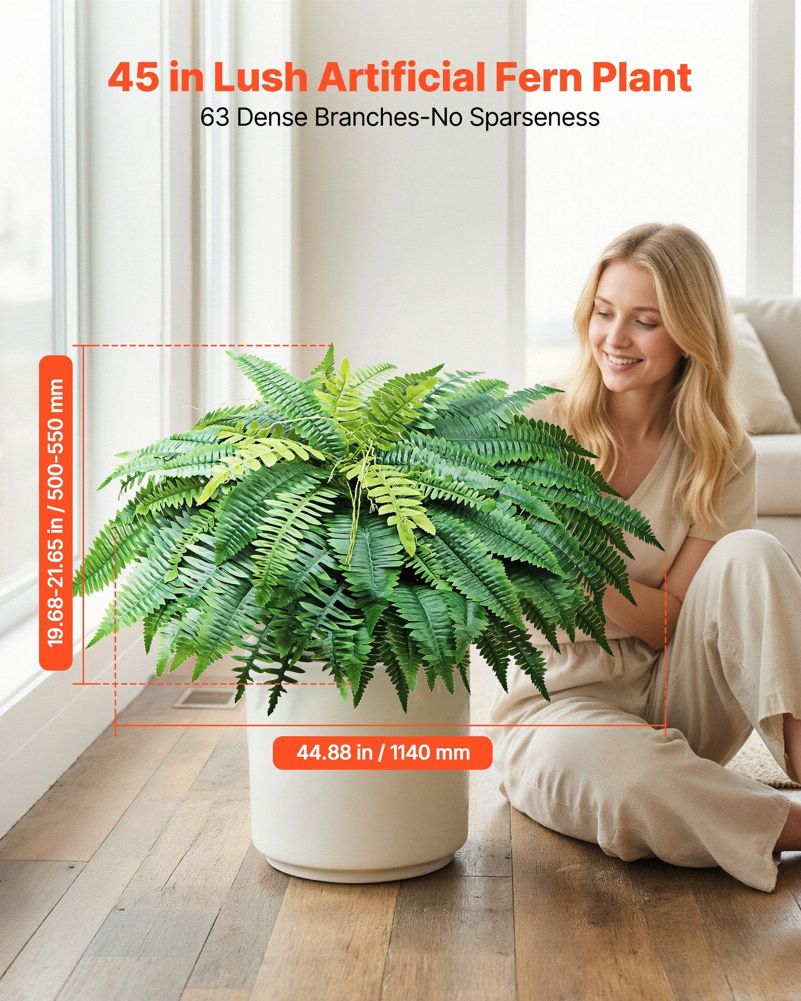 Set of 2 Realistic 45-Inch Artificial Boston Fern Bushes with 63 Fronds, Faux Greenery for Home, Garden, Office Decor, Silk & LDPE