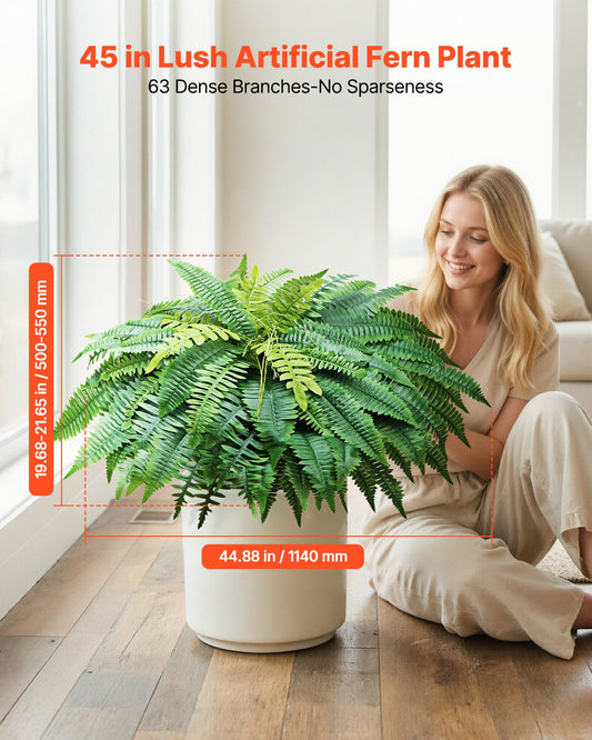 Set of 2 Realistic 45-Inch Artificial Boston Fern Bushes with 63 Fronds, Faux Greenery for Home, Garden, Office Decor, Silk & LDPE