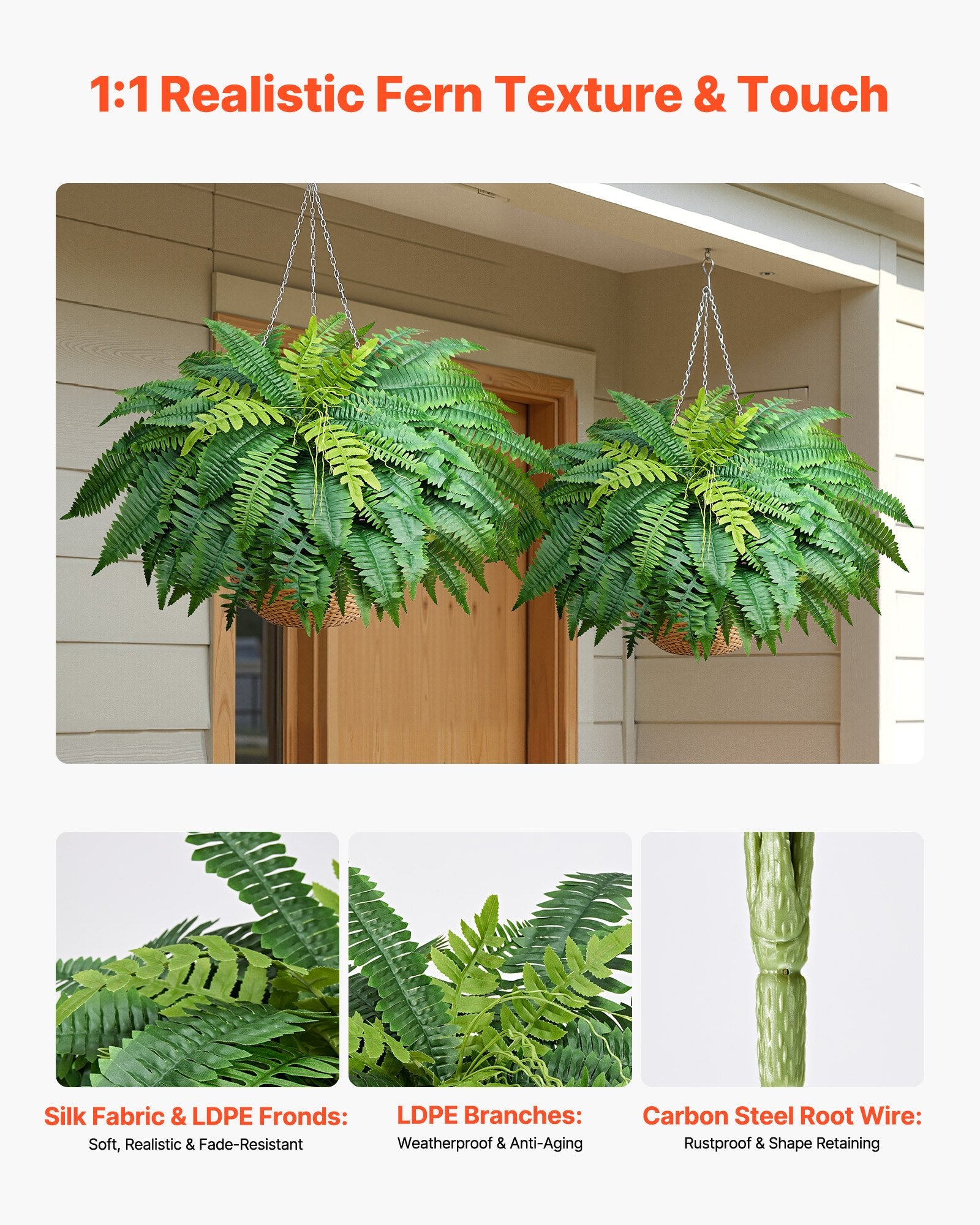 Set of 2 Realistic 45-Inch Artificial Boston Fern Bushes with 63 Fronds, Faux Greenery for Home, Garden, Office Decor, Silk & LDPE