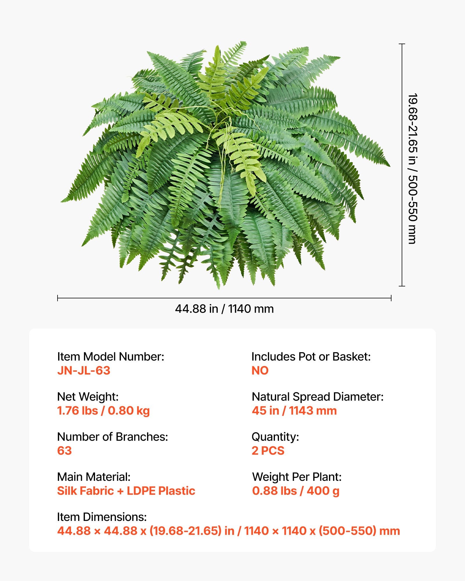 Set of 2 Realistic 45-Inch Artificial Boston Fern Bushes with 63 Fronds, Faux Greenery for Home, Garden, Office Decor, Silk & LDPE