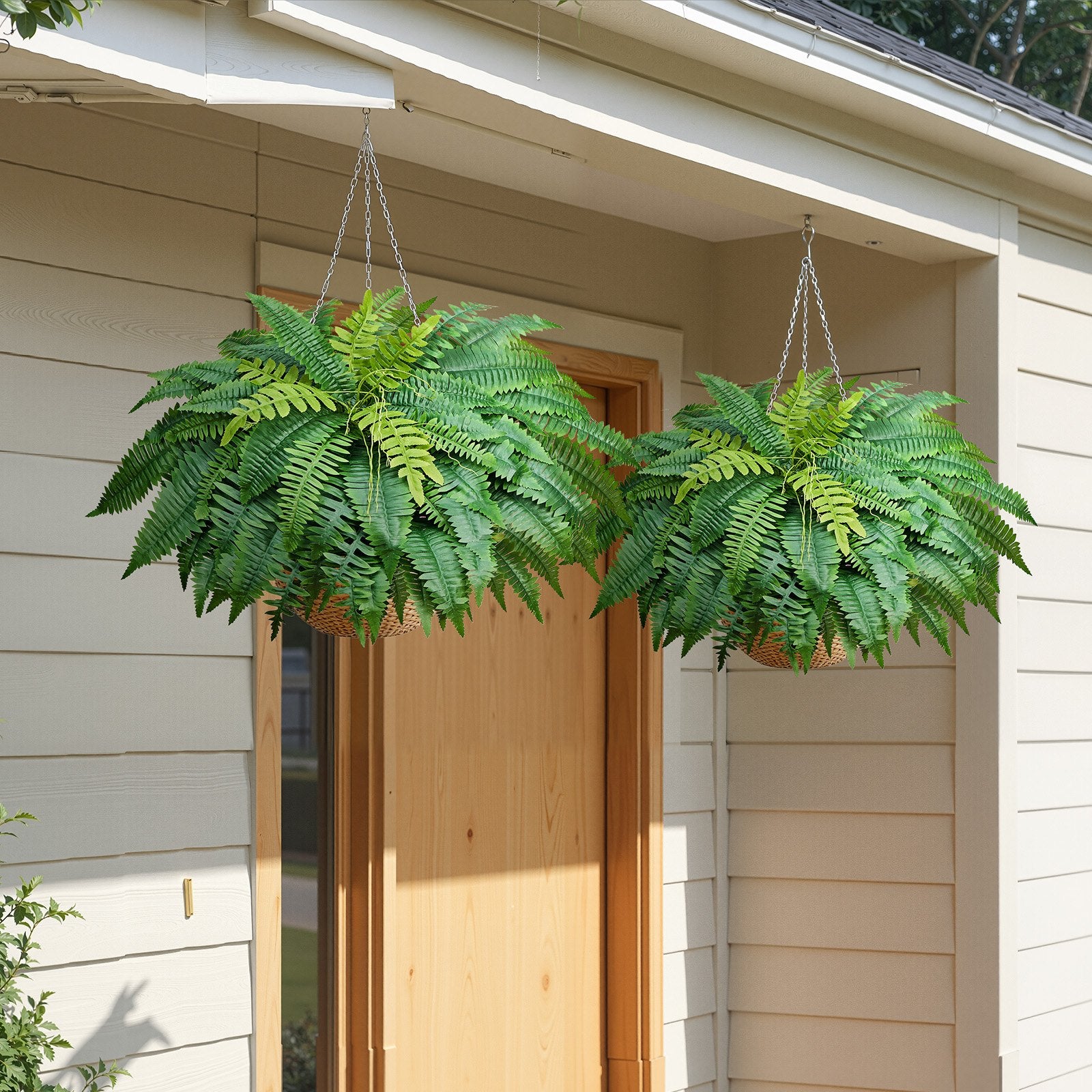 Set of 2 Realistic 45-Inch Artificial Boston Fern Bushes with 63 Fronds, Faux Greenery for Home, Garden, Office Decor, Silk & LDPE