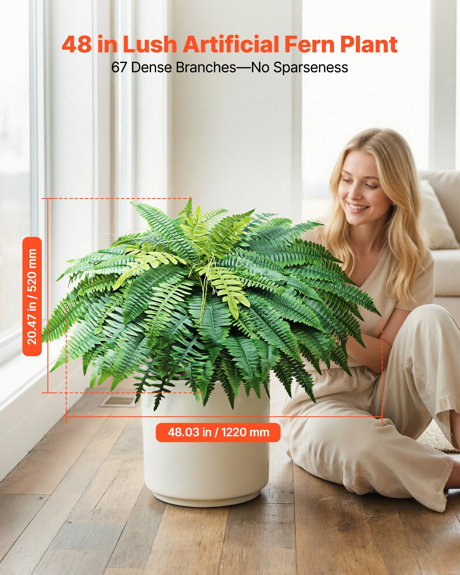 Set of 2 Large 48" Artificial Boston Fern Bushes with 67 Fronds, Silk & LDPE Faux Greenery for Home, Office, Porch, Garden, Indoor/Outdoor Decor