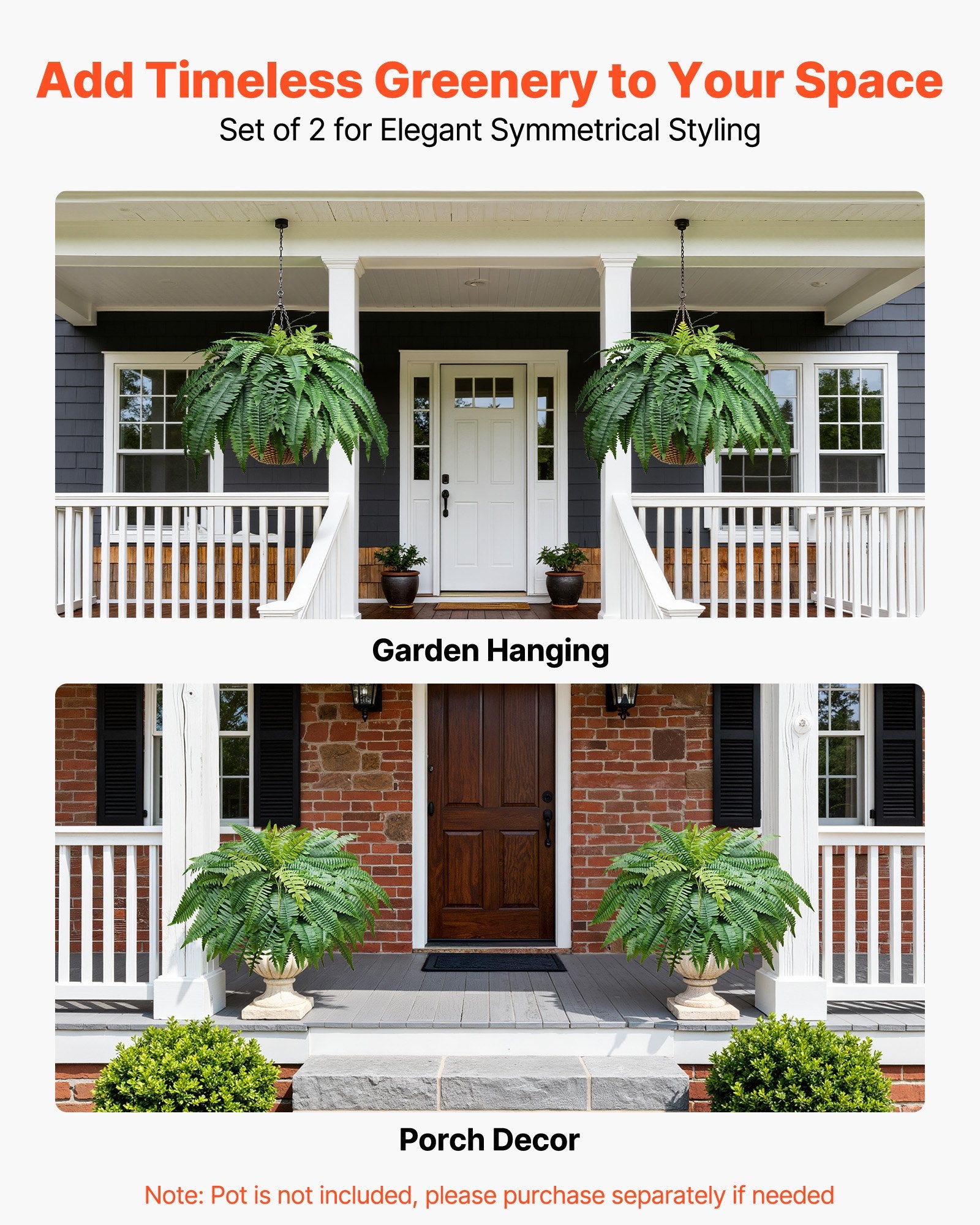 Set of 2 Large 48" Artificial Boston Fern Bushes with 67 Fronds, Silk & LDPE Faux Greenery for Home, Office, Porch, Garden, Indoor/Outdoor Decor