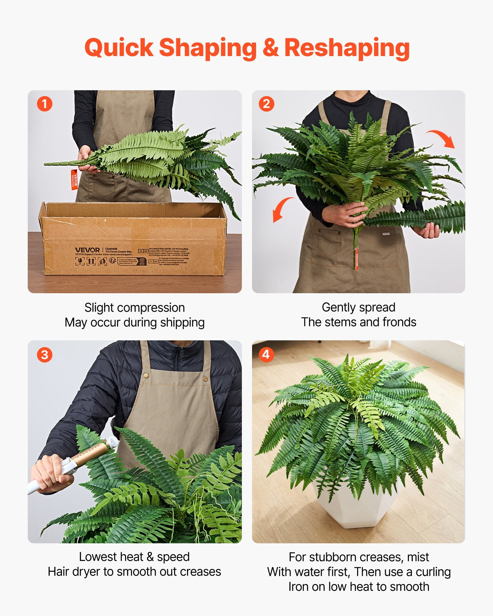Set of 2 Large 48" Artificial Boston Fern Bushes with 67 Fronds, Silk & LDPE Faux Greenery for Home, Office, Porch, Garden, Indoor/Outdoor Decor