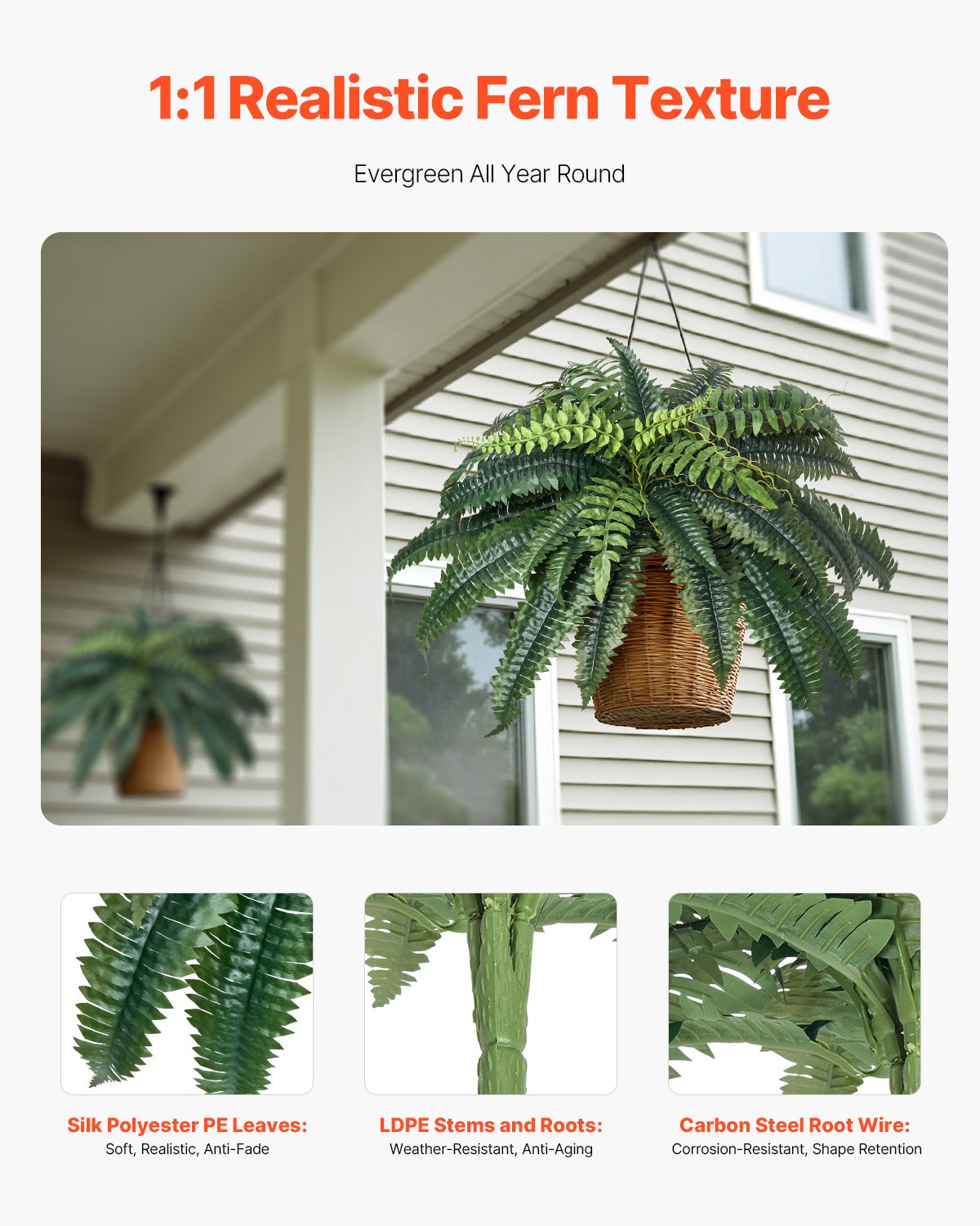 Artificial Boston Ferns, 2 Pcs, Large Hanging Faux Plants, 35-39 Inch Diameter, Home & Office Decor, 35 Branches, No Pot Included