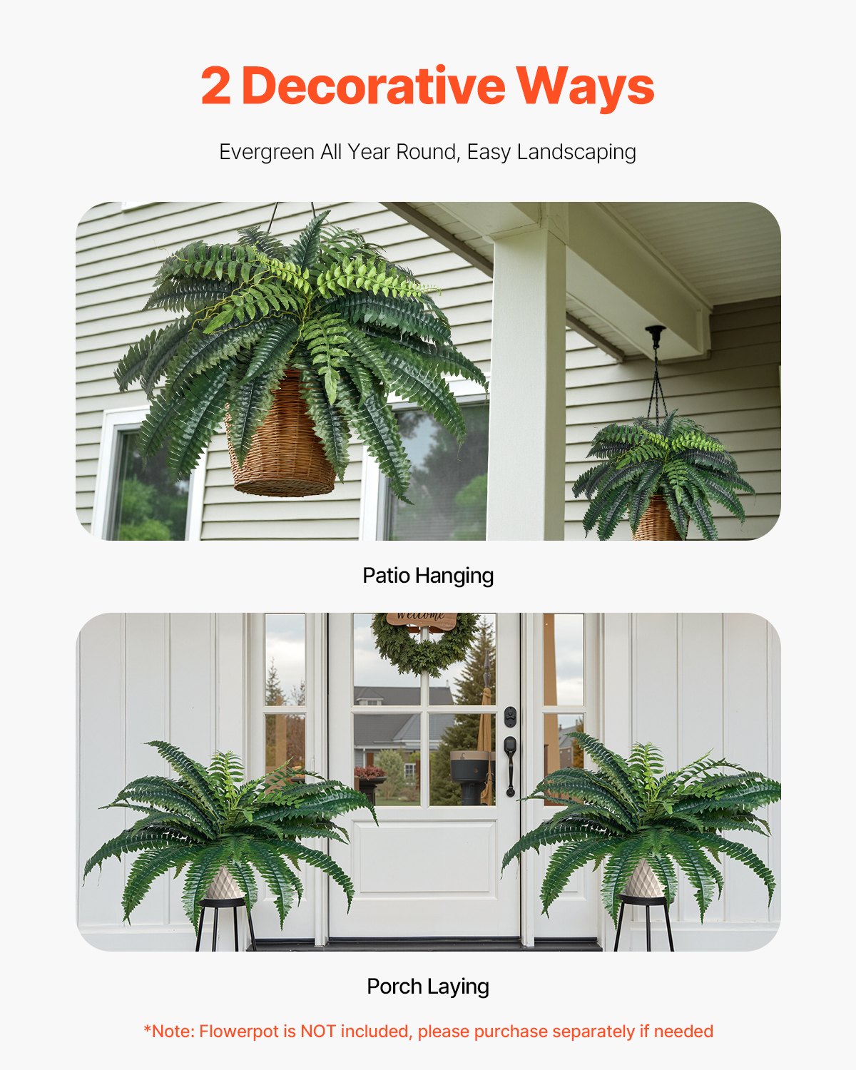 Artificial Boston Ferns, 2 Pcs, Large Hanging Faux Plants, 35-39 Inch Diameter, Home & Office Decor, 35 Branches, No Pot Included