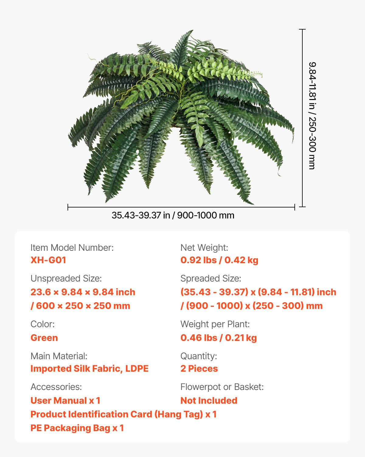 Artificial Boston Ferns, 2 Pcs, Large Hanging Faux Plants, 35-39 Inch Diameter, Home & Office Decor, 35 Branches, No Pot Included