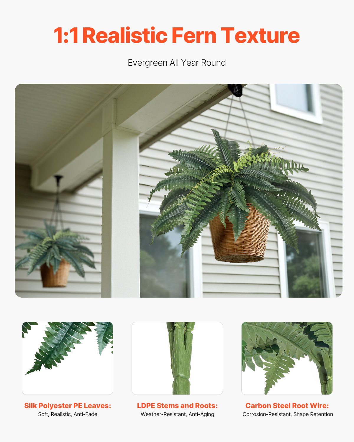 Large Hanging Artificial Boston Ferns, 2 Pcs - Lifelike Faux Plant Wall Decor with 30 Branches, Home & Office Indoor Outdoor Use, 31-34 Inch Spread