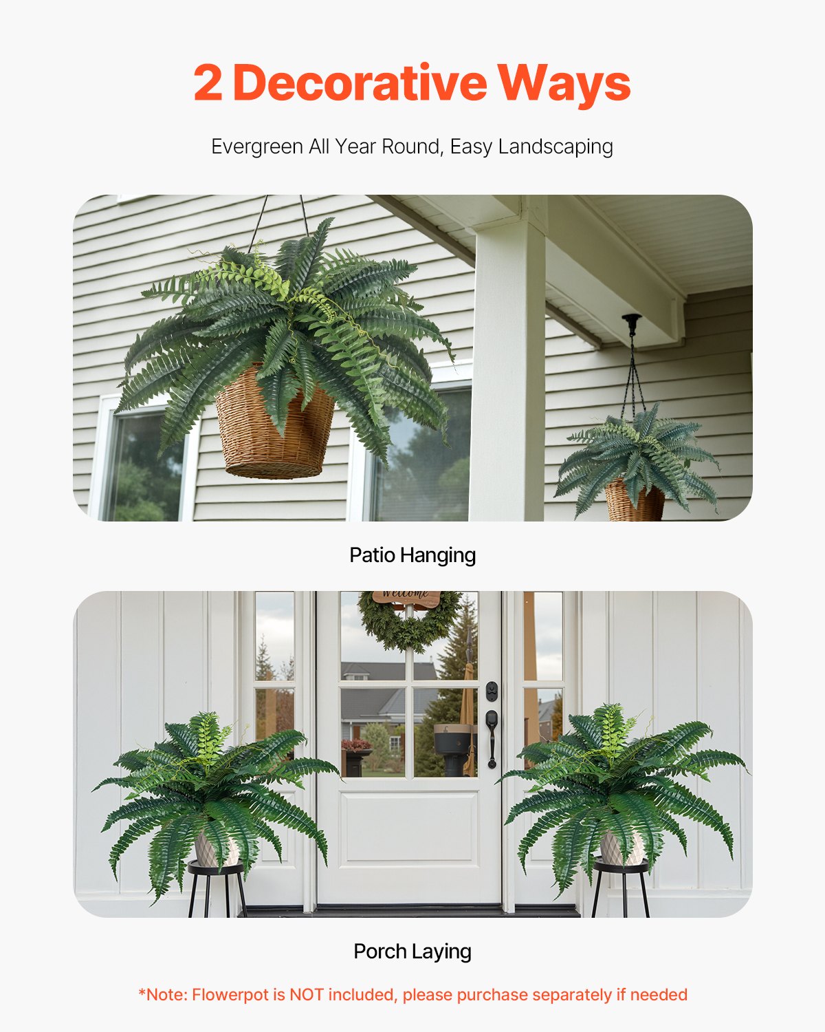 Large Hanging Artificial Boston Ferns, 2 Pcs - Lifelike Faux Plant Wall Decor with 30 Branches, Home & Office Indoor Outdoor Use, 31-34 Inch Spread
