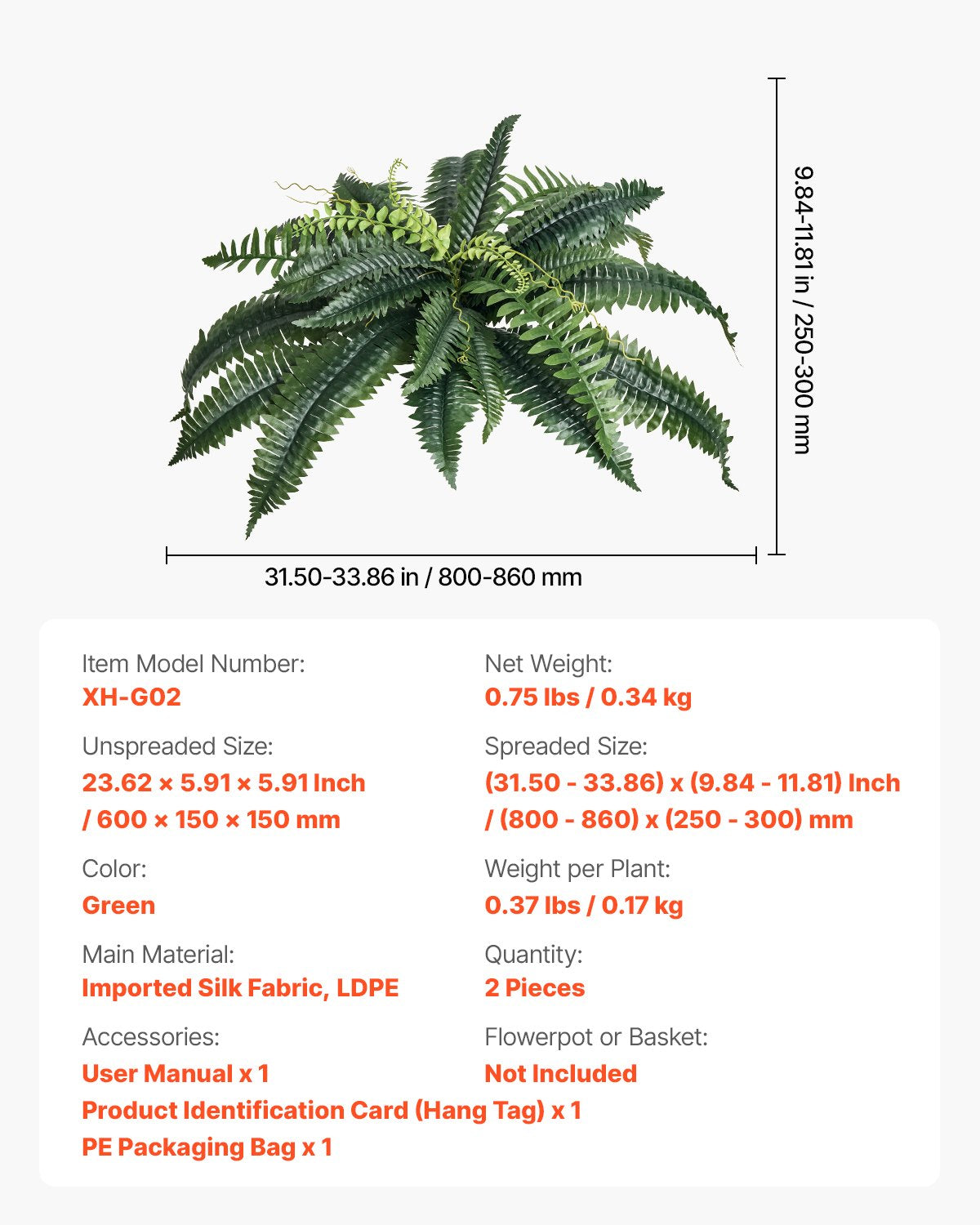 Large Hanging Artificial Boston Ferns, 2 Pcs - Lifelike Faux Plant Wall Decor with 30 Branches, Home & Office Indoor Outdoor Use, 31-34 Inch Spread