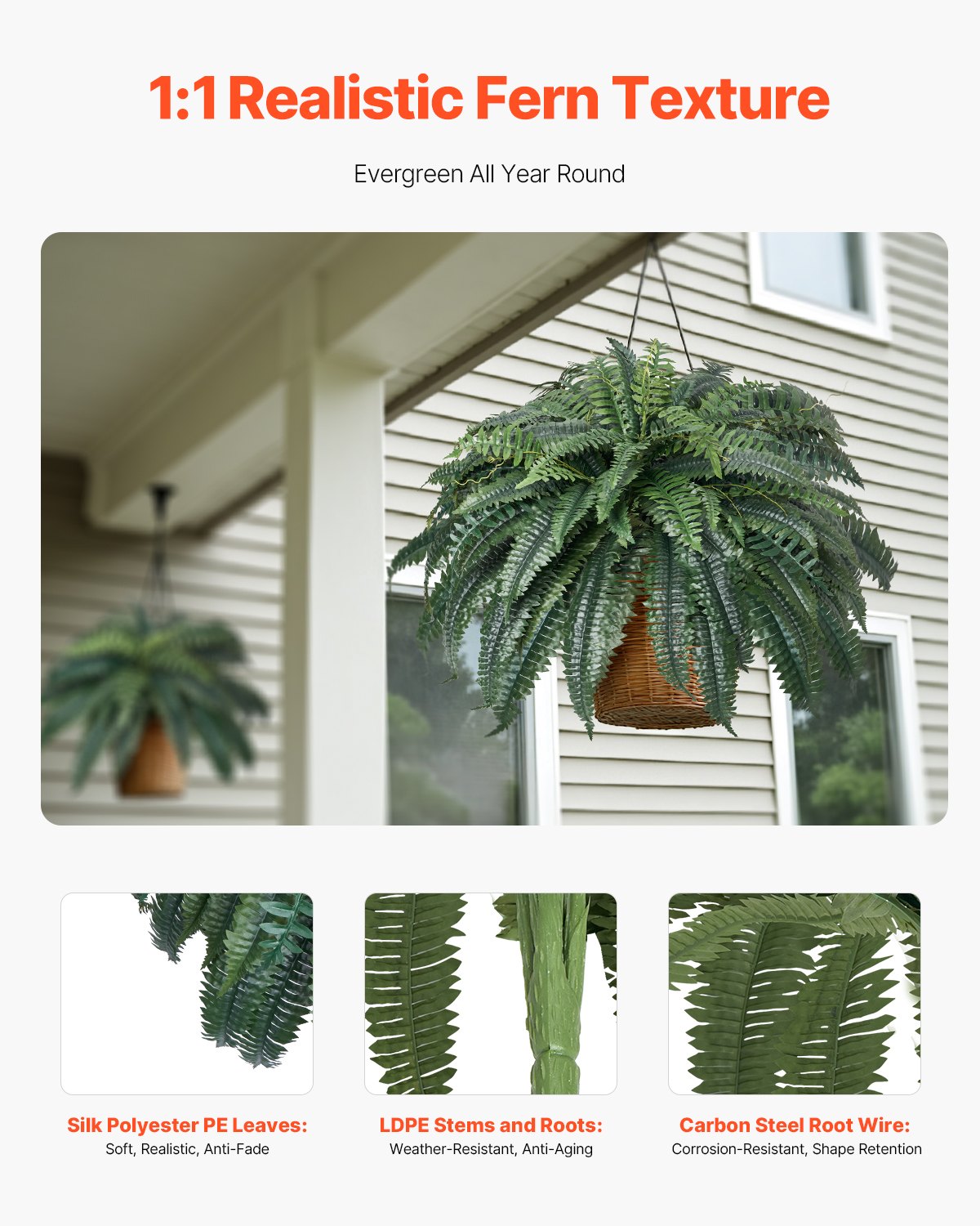 Large Lifelike Hanging Boston Ferns - Faux Plant Wall Decor with 88 Branches, Perfect for Home, Office, and Outdoor Spaces (Pot Not Included)