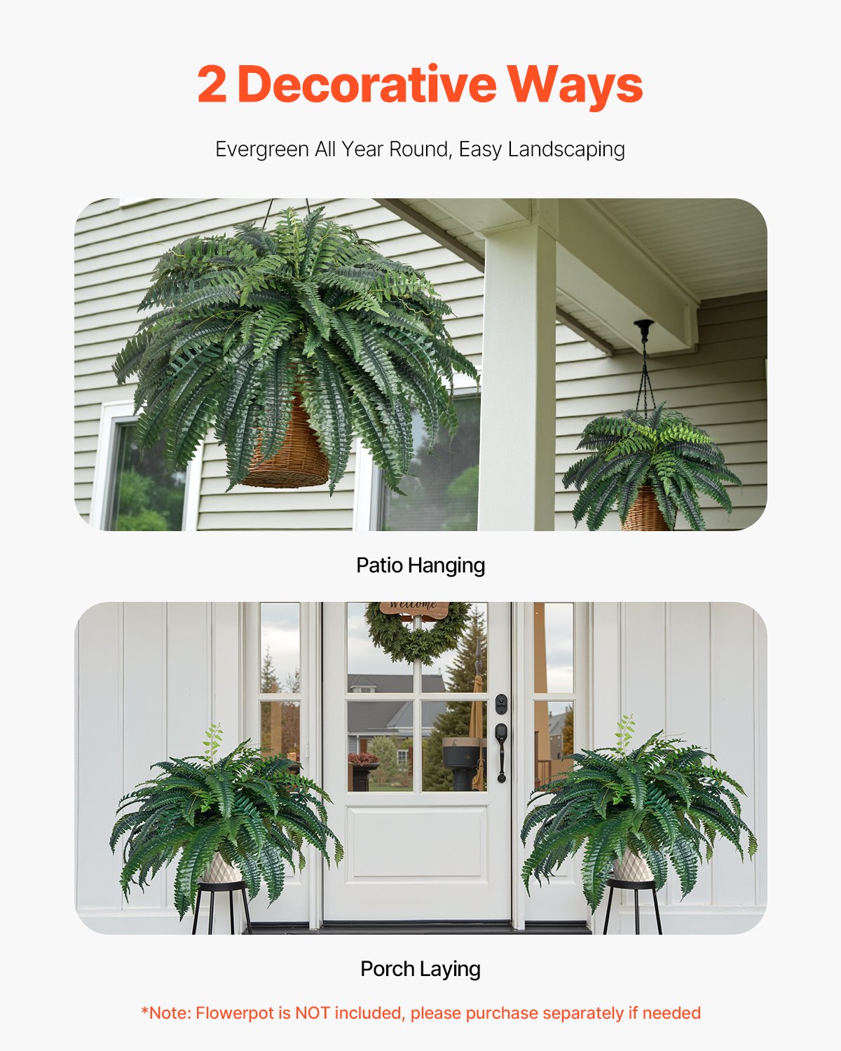Large Lifelike Hanging Boston Ferns - Faux Plant Wall Decor with 88 Branches, Perfect for Home, Office, and Outdoor Spaces (Pot Not Included)