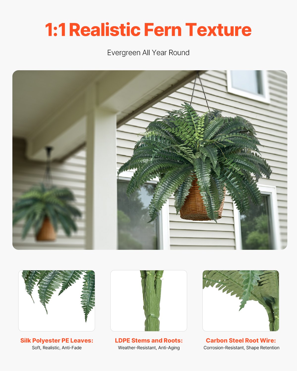Large Artificial Boston Ferns - 2 Pack, 43-47 Inch Spread, 50 Branches, Lifelike Hanging Decor for Home & Office, No Pot Included