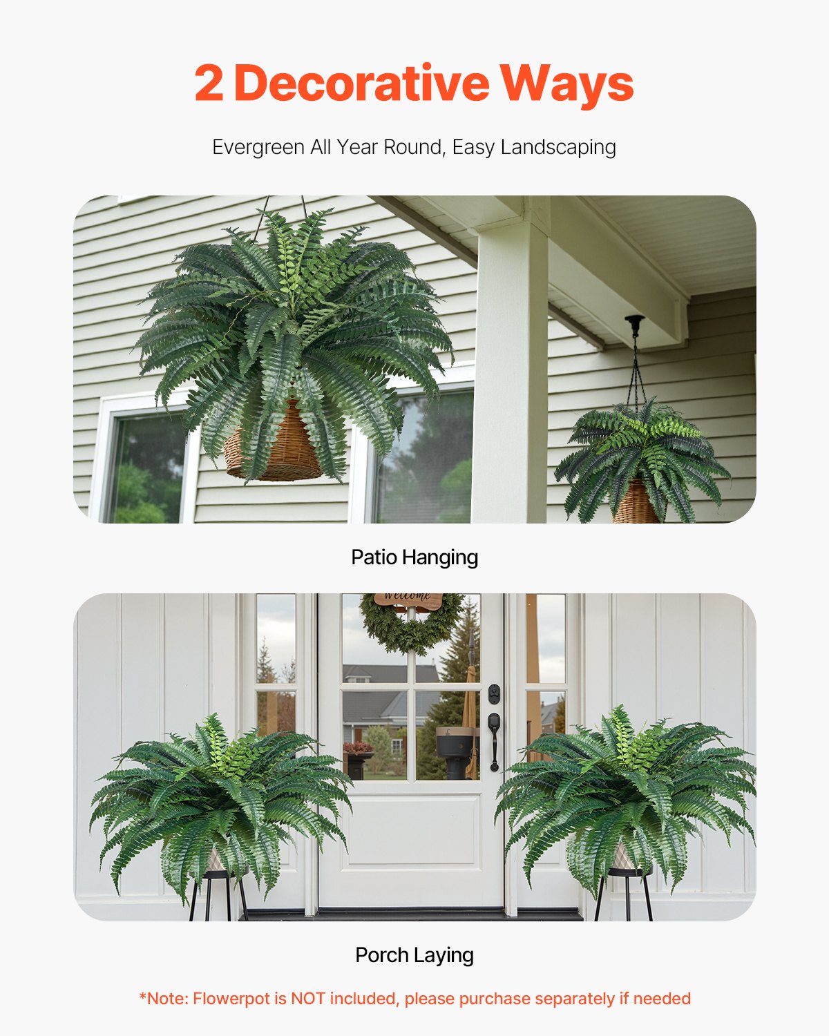 Large Artificial Boston Ferns - 2 Pack, 43-47 Inch Spread, 50 Branches, Lifelike Hanging Decor for Home & Office, No Pot Included